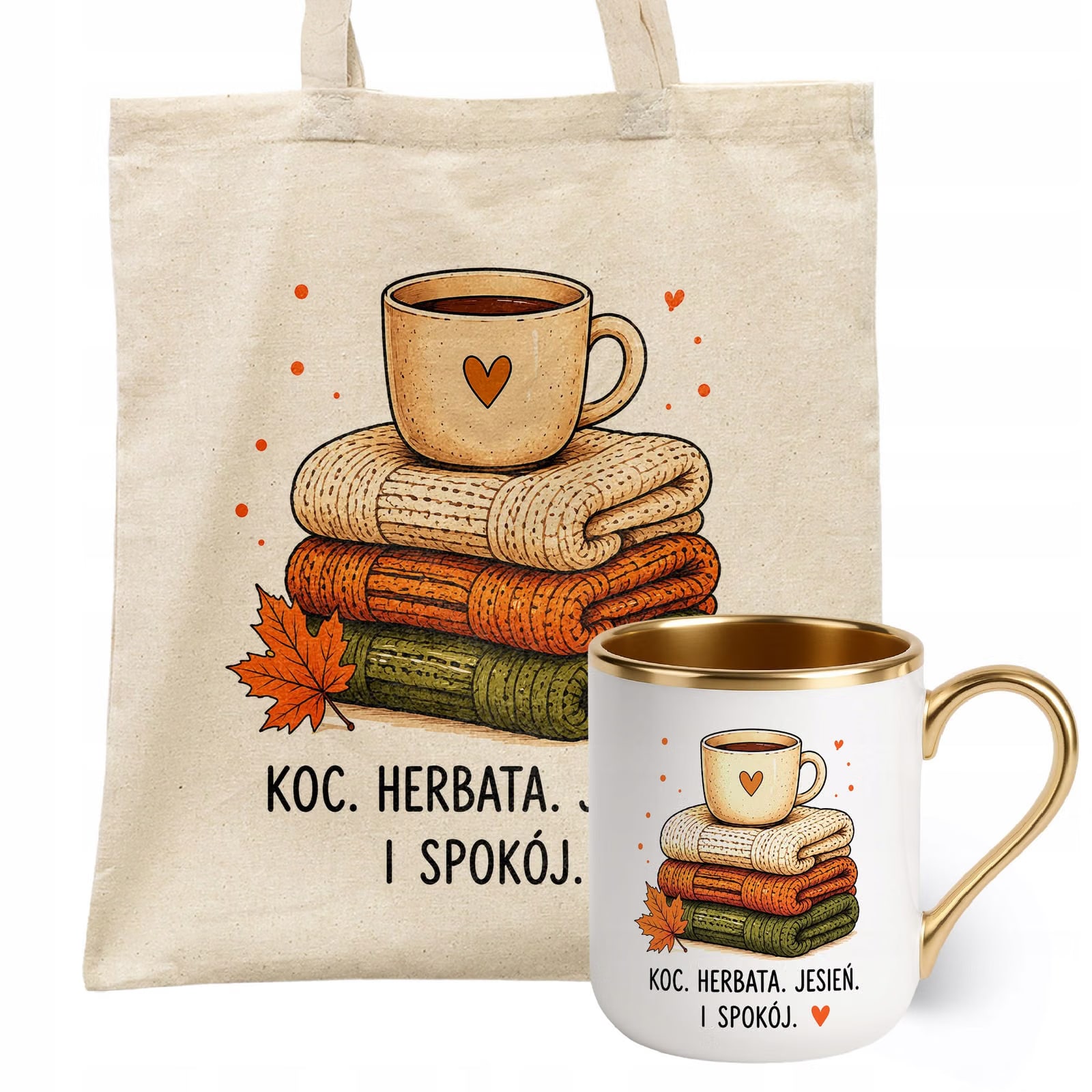 Zestaw Kubek Premium Złoty Torba Shopper Ecru Z Nadrukiem Jesień