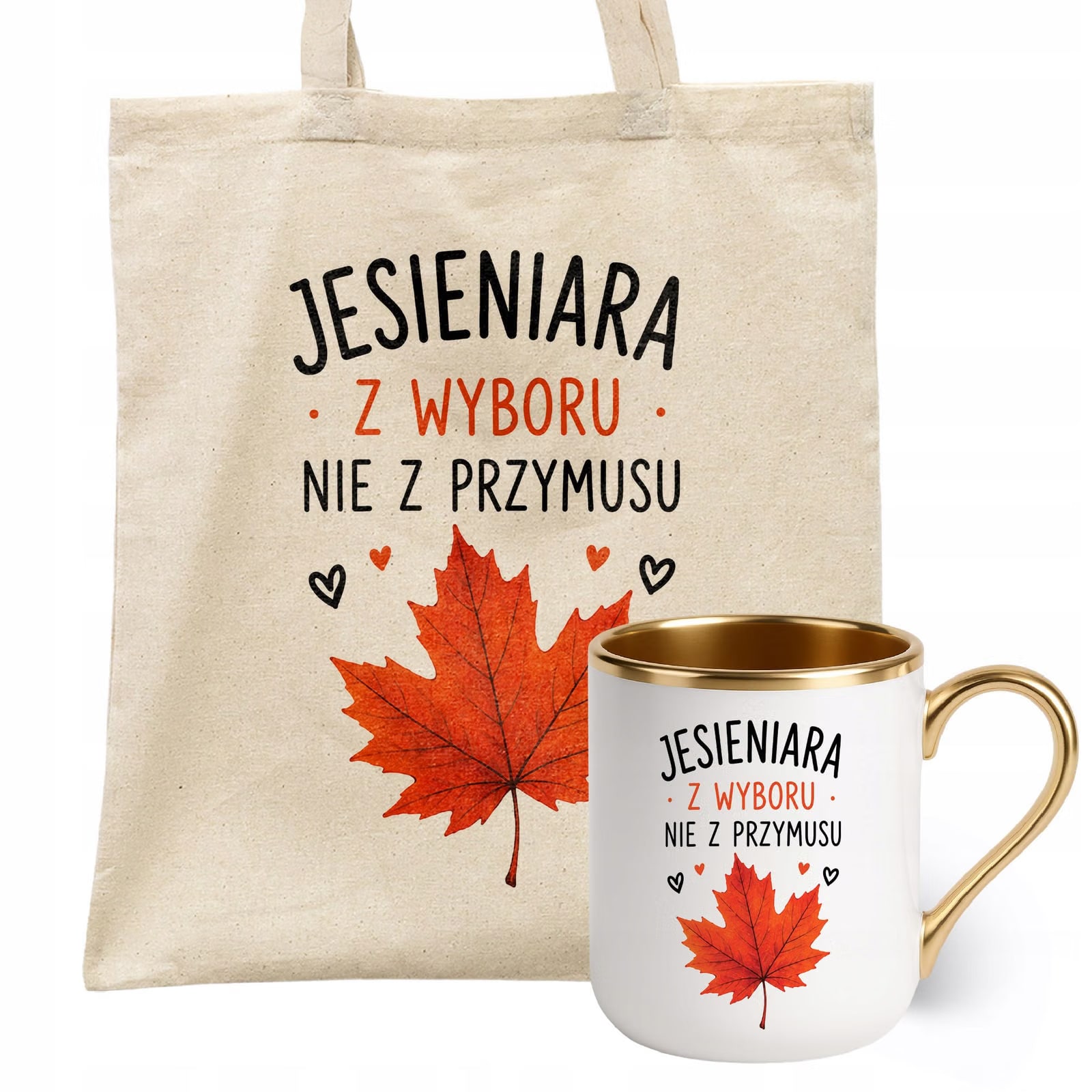 Zestaw Kubek Premium Złoty Torba Shopper Ecru Z Nadrukiem Jesień