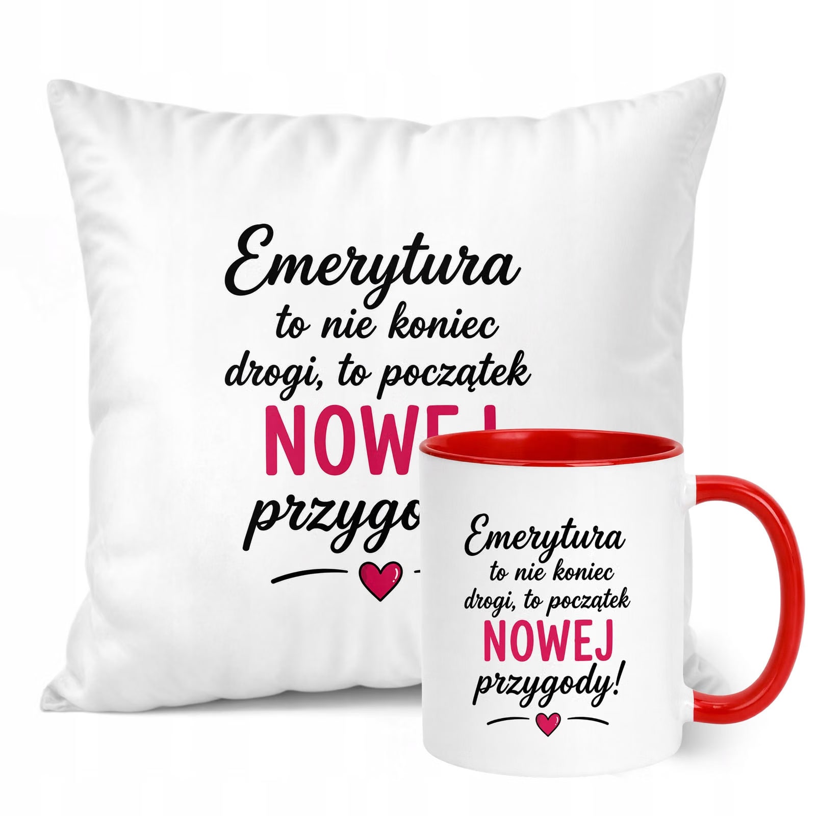 Zestaw Kubek Czerwony Poduszka Z Nadrukiem Emerytura Dla Emerytki Prezent