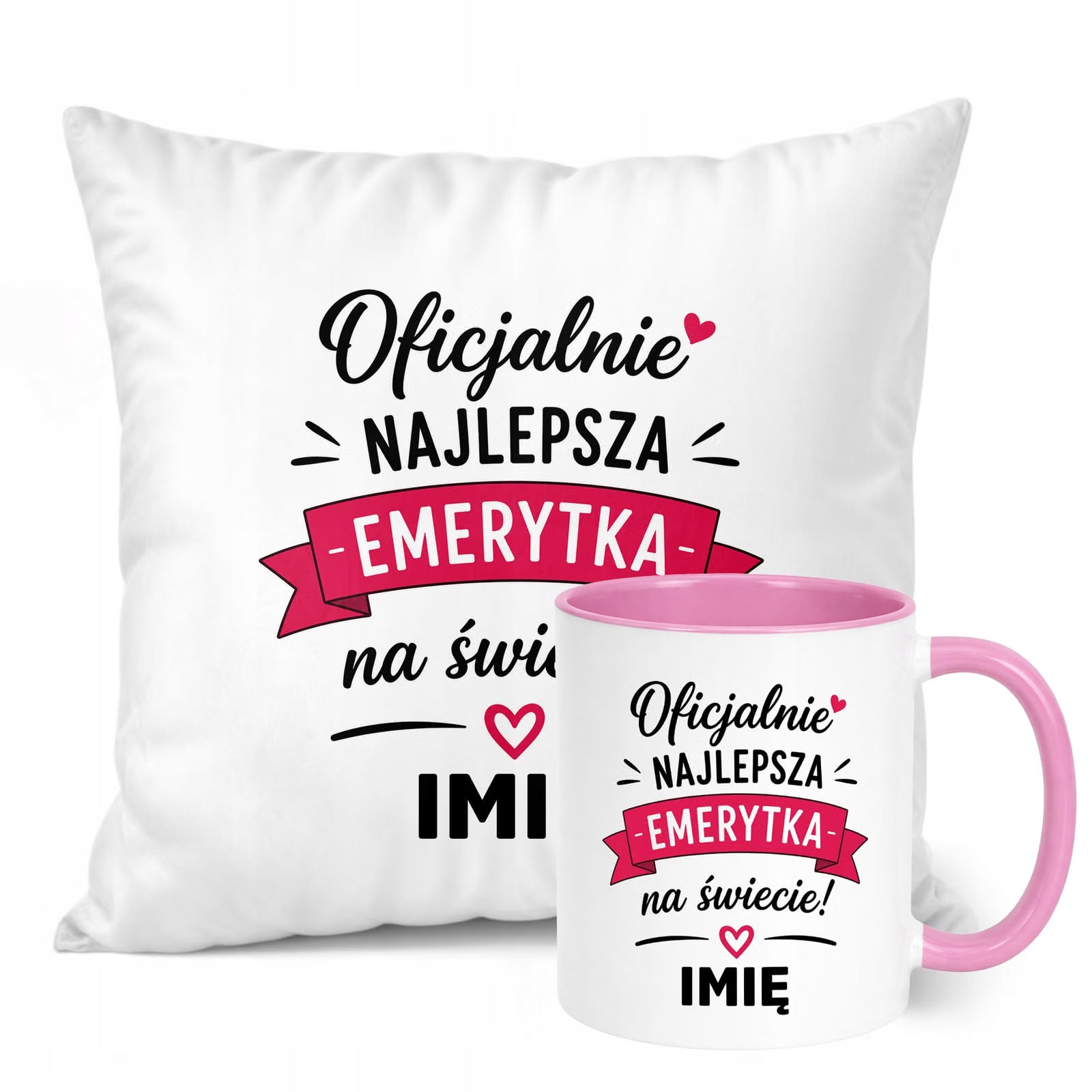 Zestaw Personalizowany Kubek Różowy Poduszka Emerytura Upominek Prezent