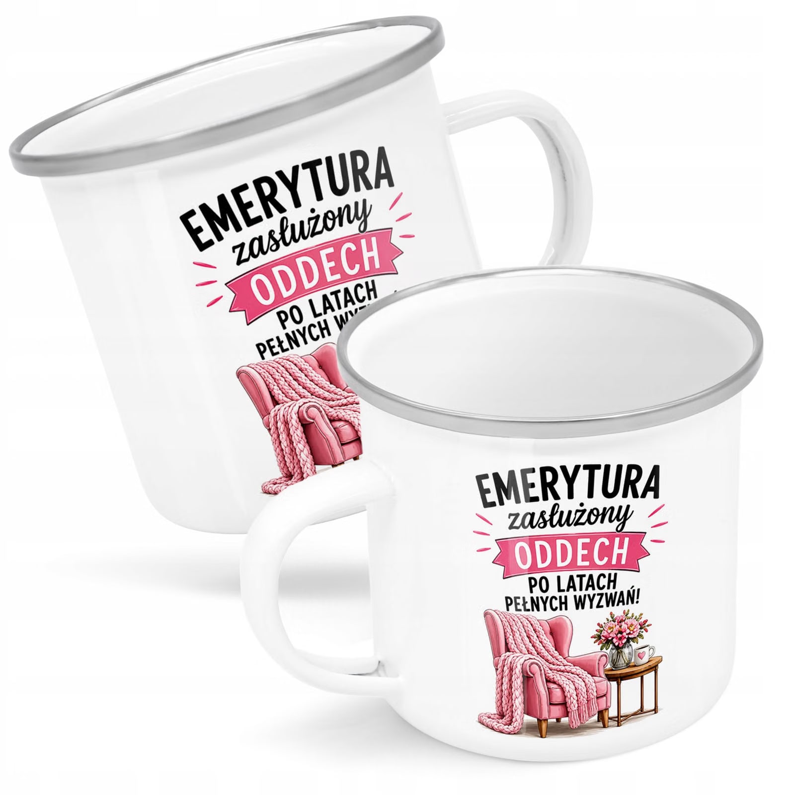 Kubek Emaliowany Emerytura Dla Emerytki z Nadrukiem Biały Metalowy Prezent