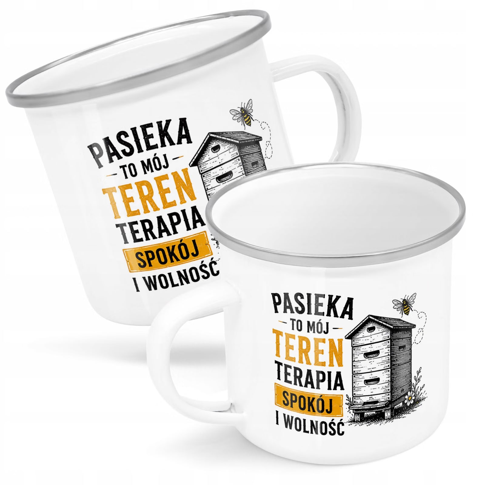 Kubek Emaliowany Dla Pszczelarza z Nadrukiem Biały Metalowy Prezent