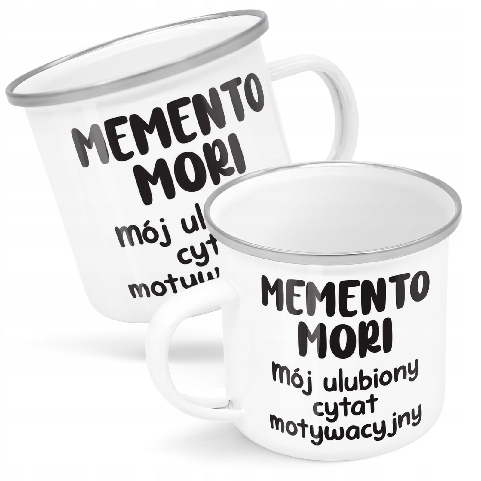 Kubek Emaliowany Memento Mori Cytat Motwywacyjny z Nadrukiem Biały Metalowy