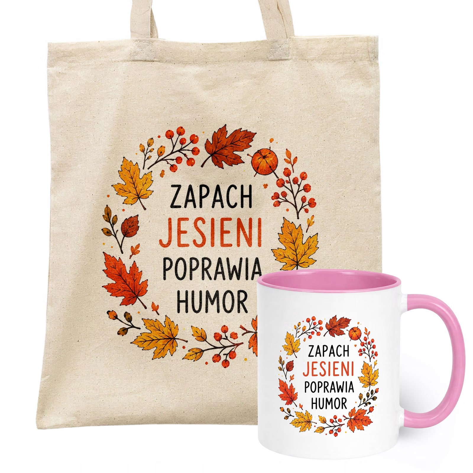 Zestaw Kubek Różowy Torba Shopper Ecru Z Nadrukiem Jesień Jesienny