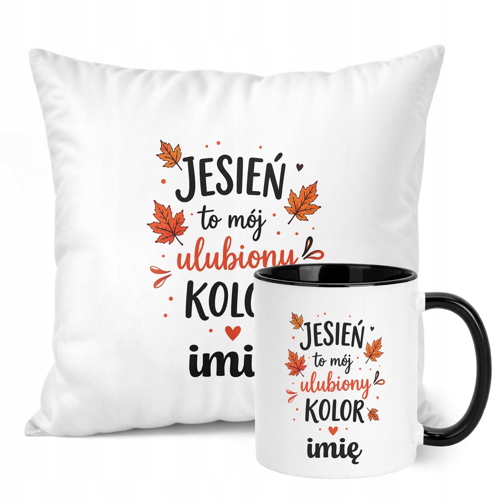 Zestaw Personalizowany Kubek Czarny Poduszka Jesień Jesienny Z Nadrukiem