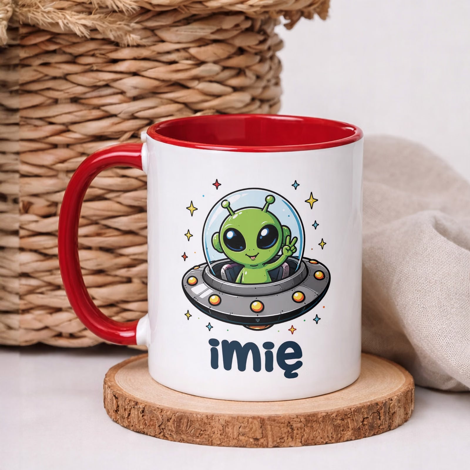 Kubek Czerwony z nadrukiem personalizowany Kosmita UFO Dla Dzieci Prezent