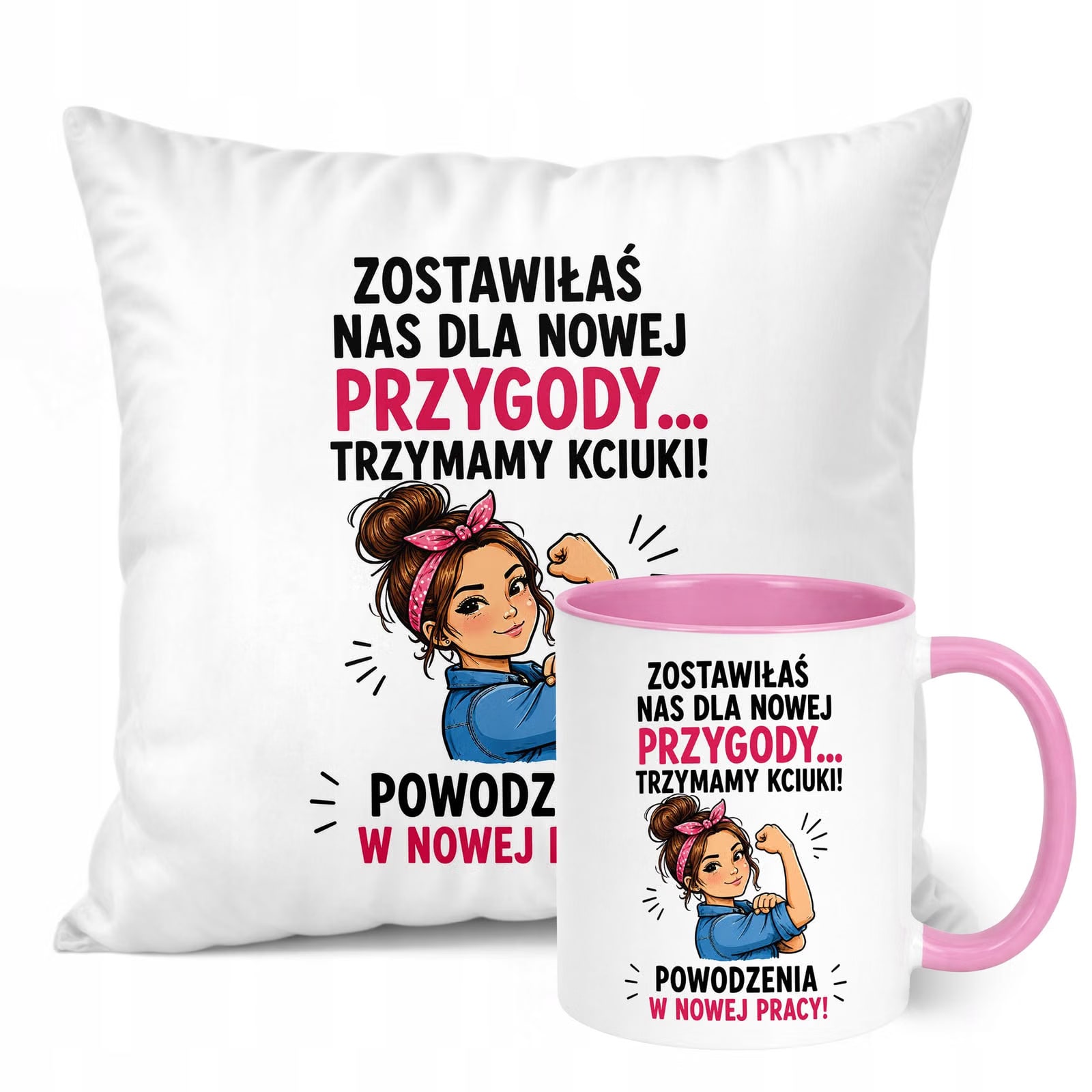 Zestaw Kubek Różowy Poduszka Z Nadrukiem Odejście z Pracy Prezent
