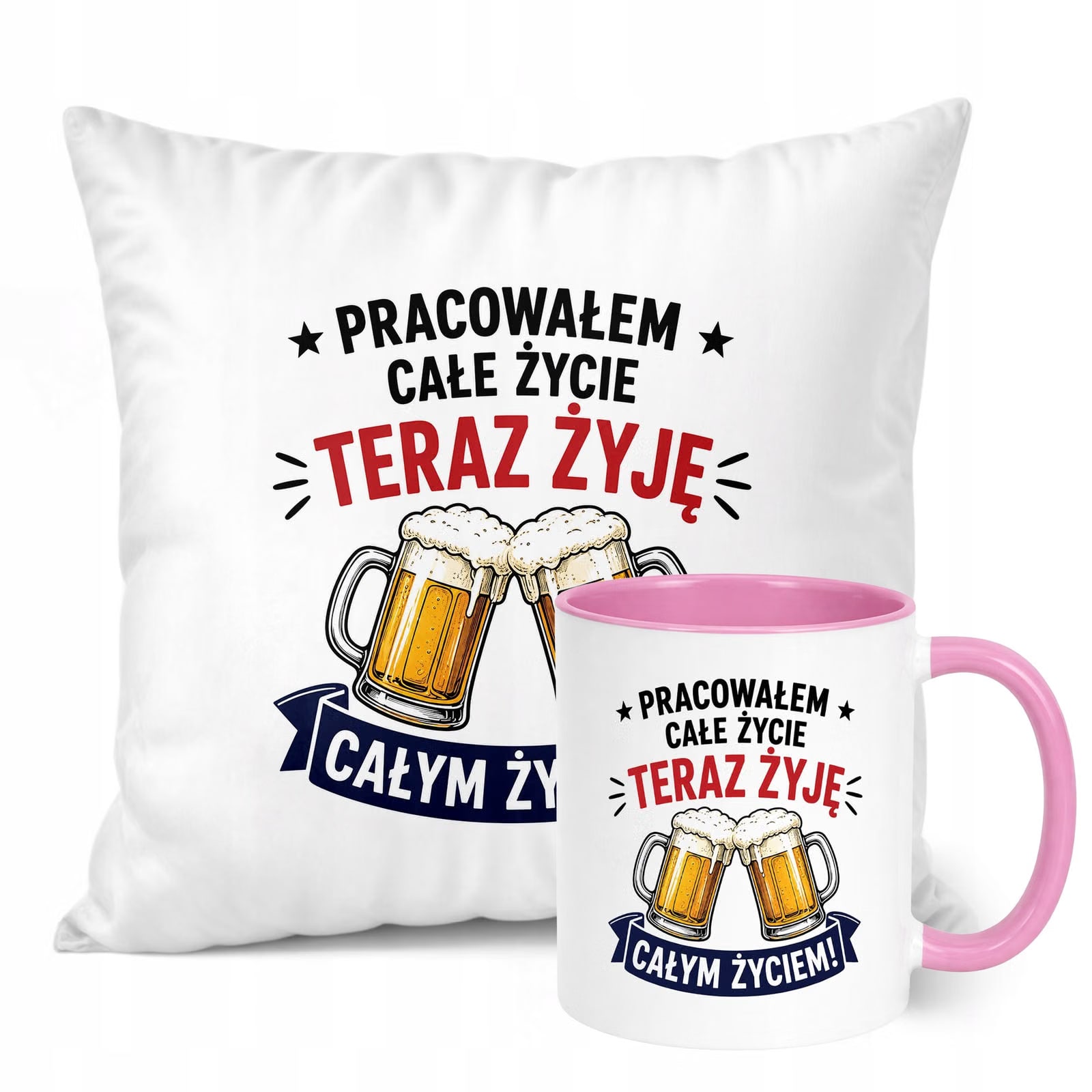 Zestaw Kubek Różowy Poduszka Z Nadrukiem Emerytura Dla Emeryta Prezent