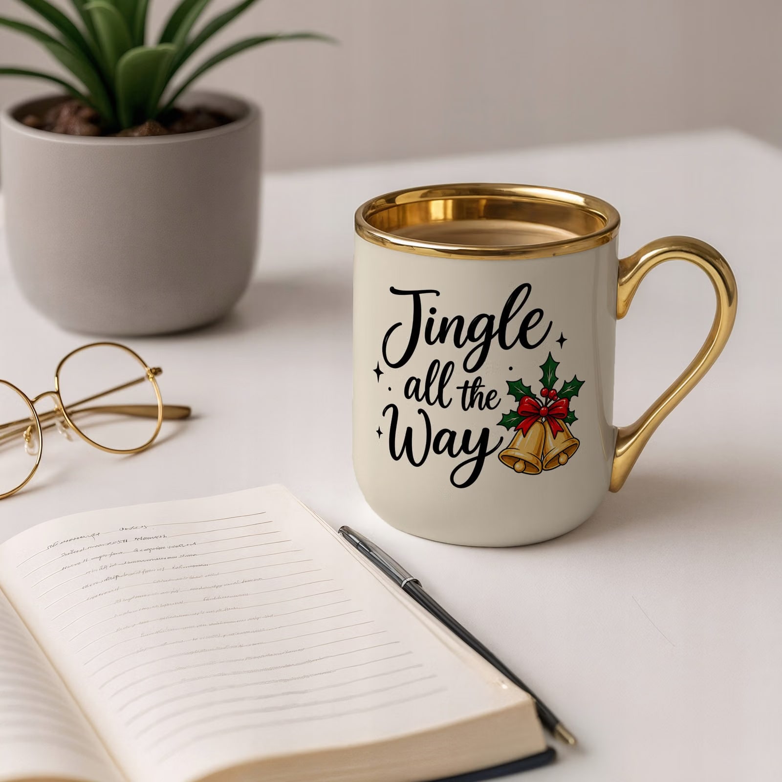 Kubek Premium Złoty Ecru Boże Narodzenie Święta Jingle All The Way Prezent