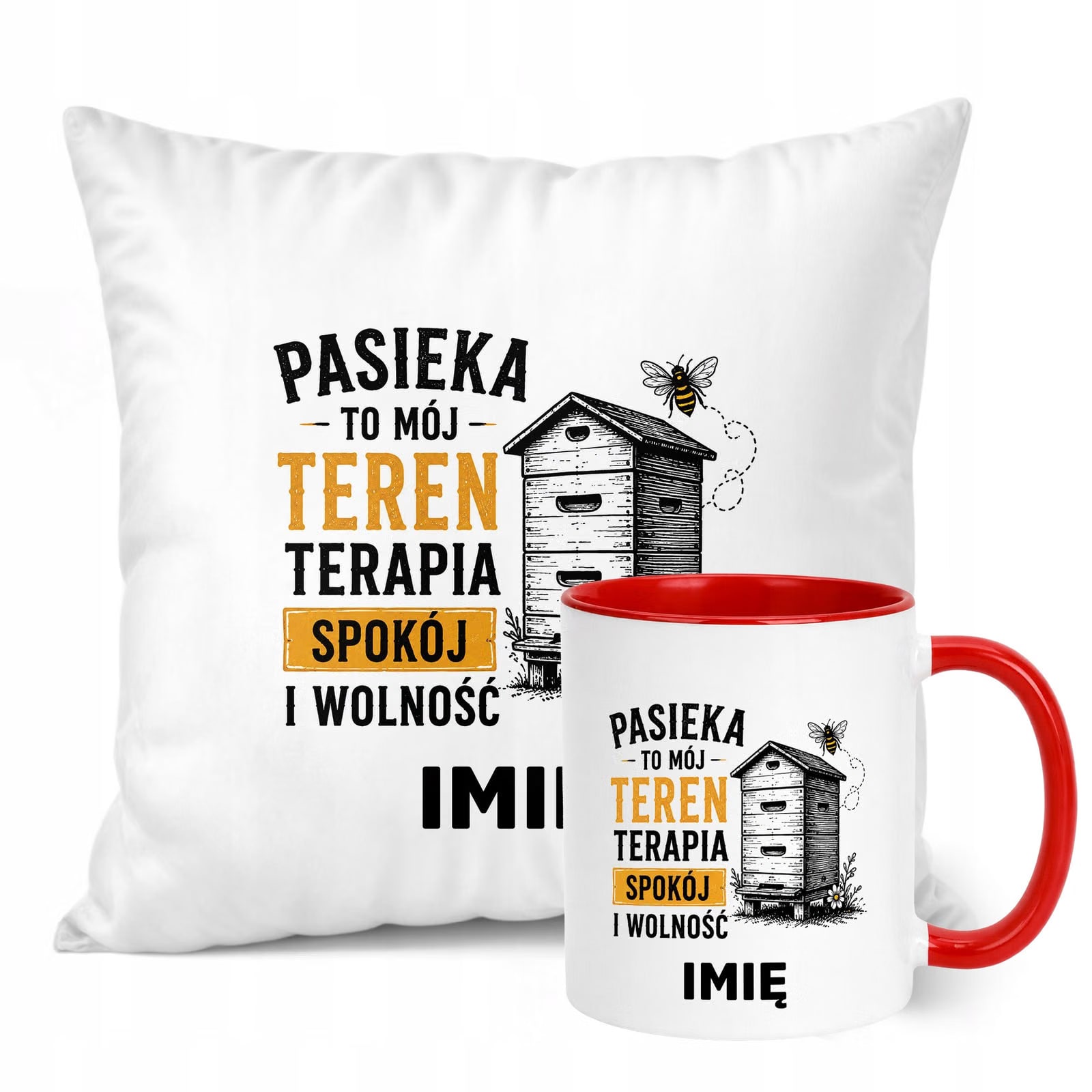 Zestaw Personalizowany Kubek Czerwony Poduszka Z Nadrukiem Dla Pszczelarza
