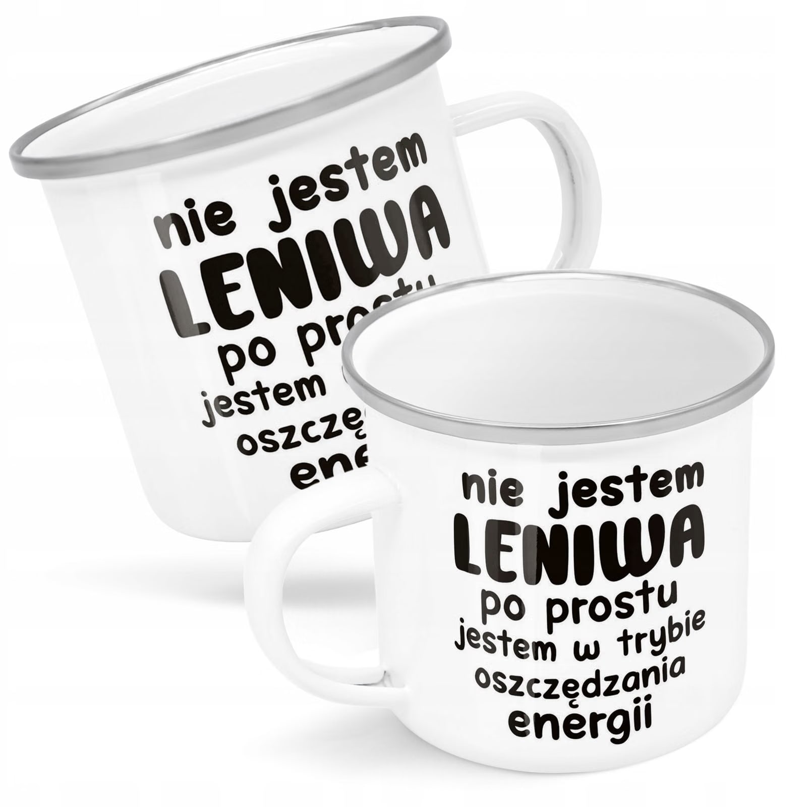 Kubek Emaliowany Nie Jestem Leniwa Zabawny z Nadrukiem Biały Metalowy