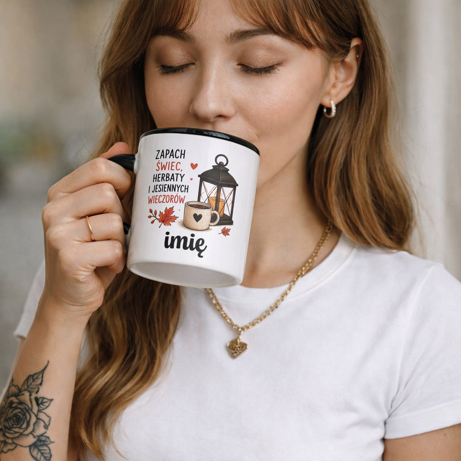Zestaw Personalizowany Kubek Czarny Poduszka Jesień Jesienny Z Nadrukiem