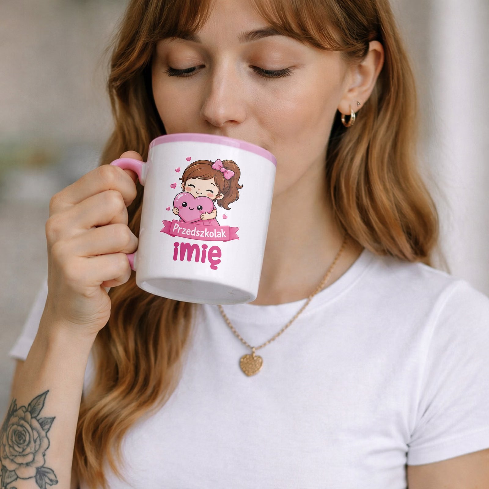 Zestaw Personalizowany Kubek Różowy Poduszka Przedszkolak Prezent