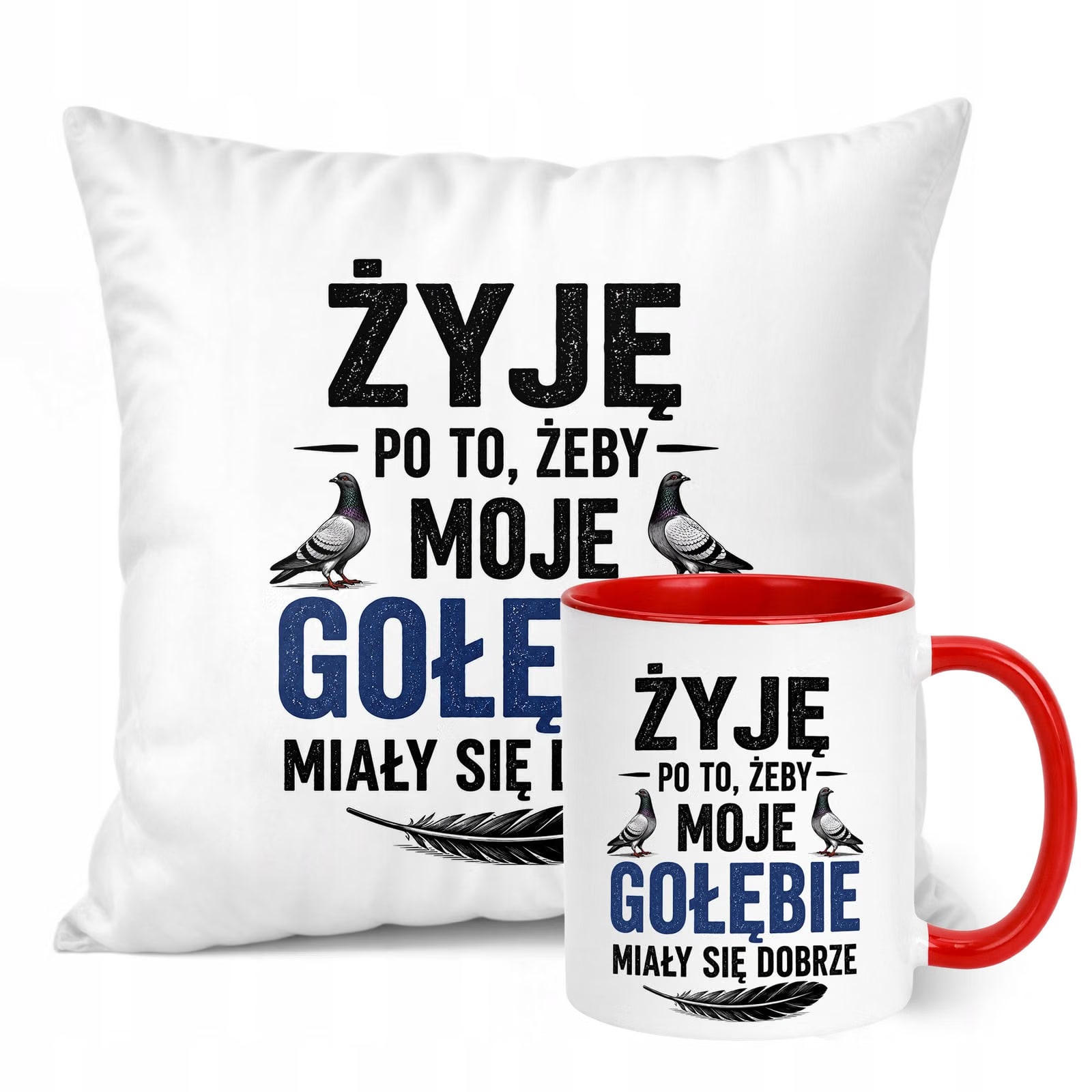 Zestaw Kubek Czerwony Poduszka Z Nadrukiem Dla Gołębiarza Prezent