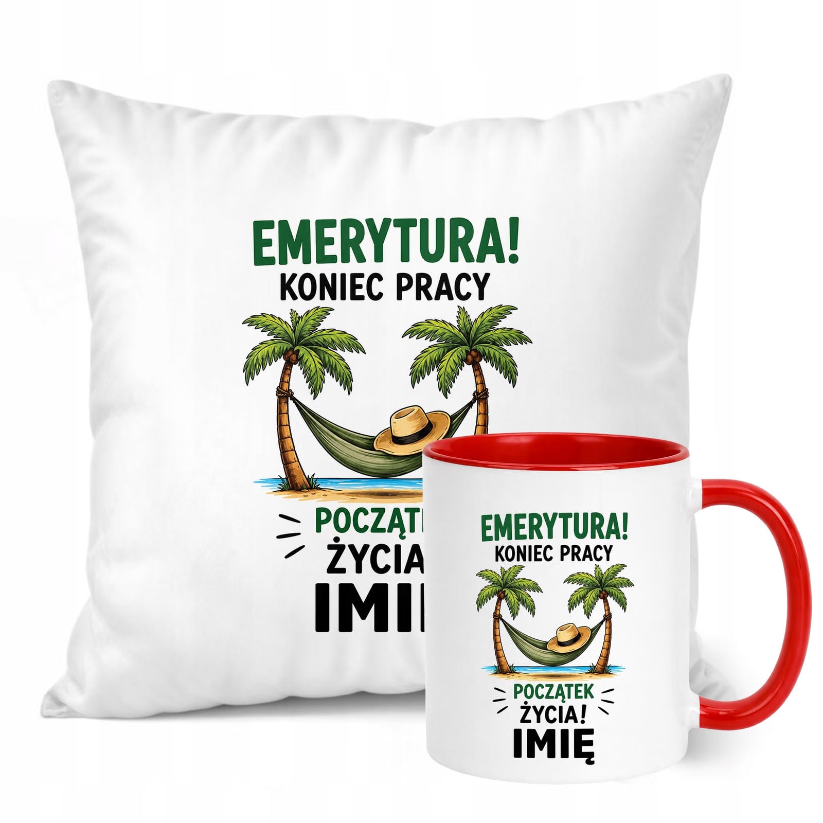 Zestaw Personalizowany Kubek Czerwony Poduszka Emerytura Upominek Prezent