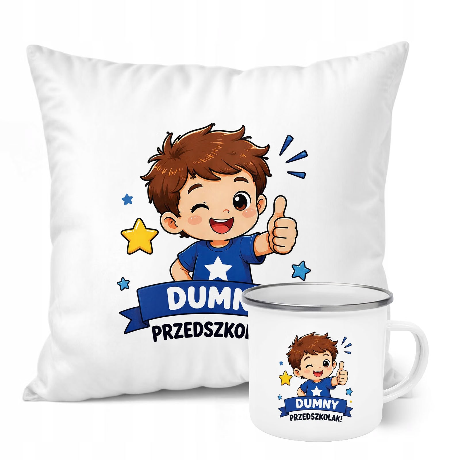 Zestaw Kubek Emaliowany Poduszka Z Nadrukiem Przedszkolak Szkoła Prezent