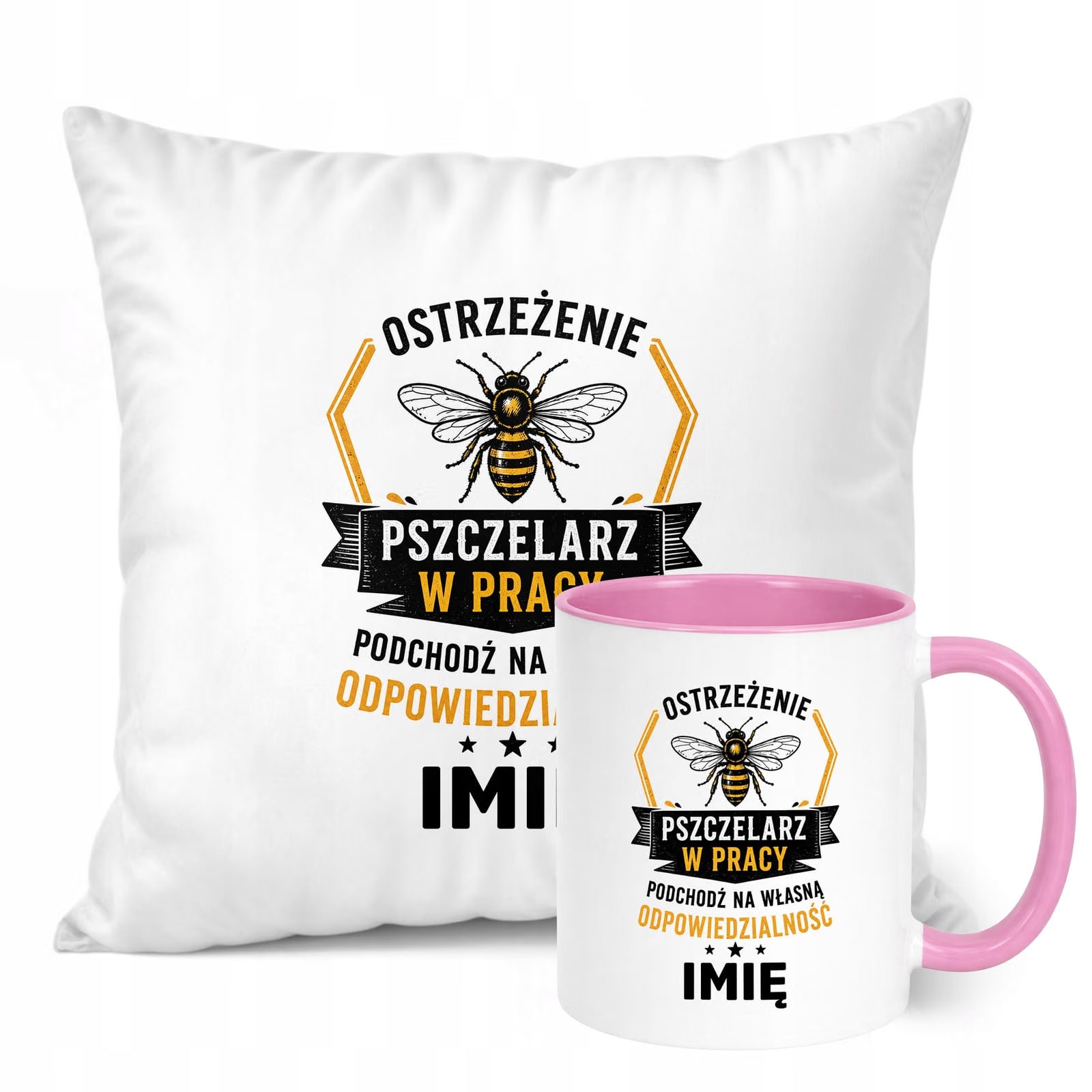 Zestaw Personalizowany Kubek Różowy Poduszka Z Nadrukiem Dla Pszczelarza
