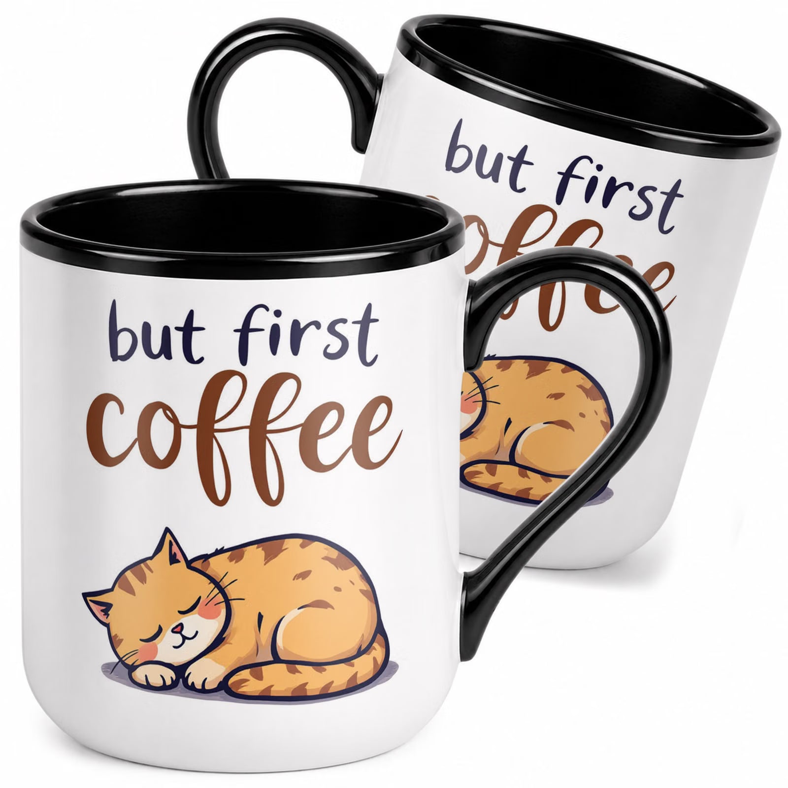 Kubek z nadrukiem Premium Czarny Kot But First Coffee Upominek Prezent