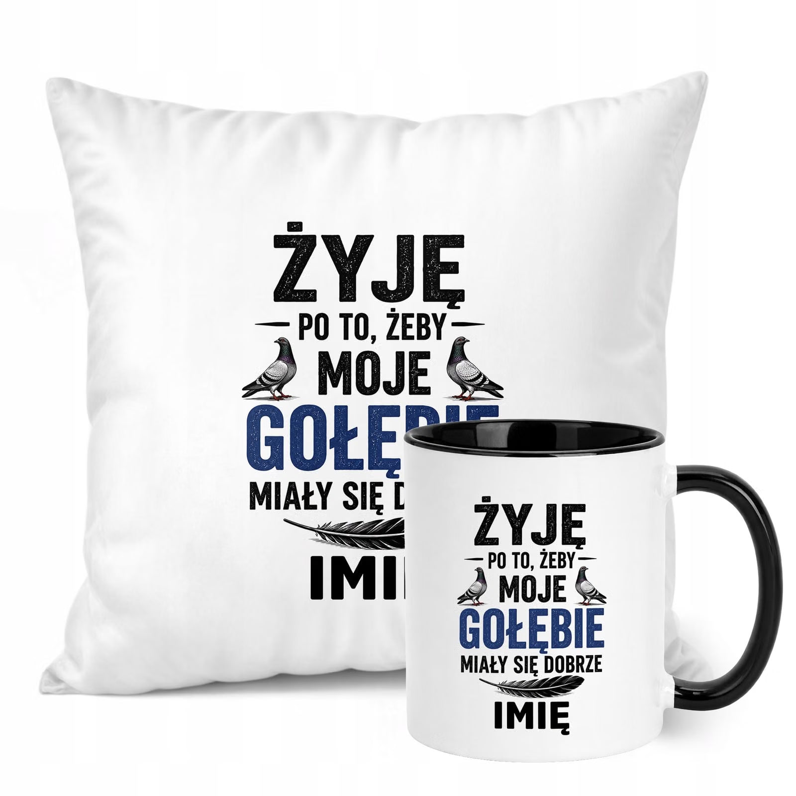 Zestaw Personalizowany Kubek Czarny Poduszka Z Nadrukiem Dla Gołębiarza