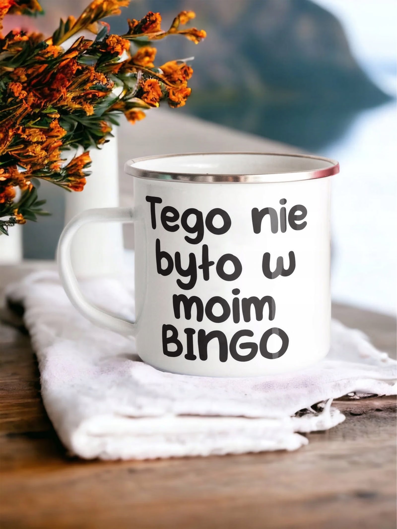 Kubek Emaliowany Tego Nie Było W Moim Bingo z Nadrukiem Biały Metalowy