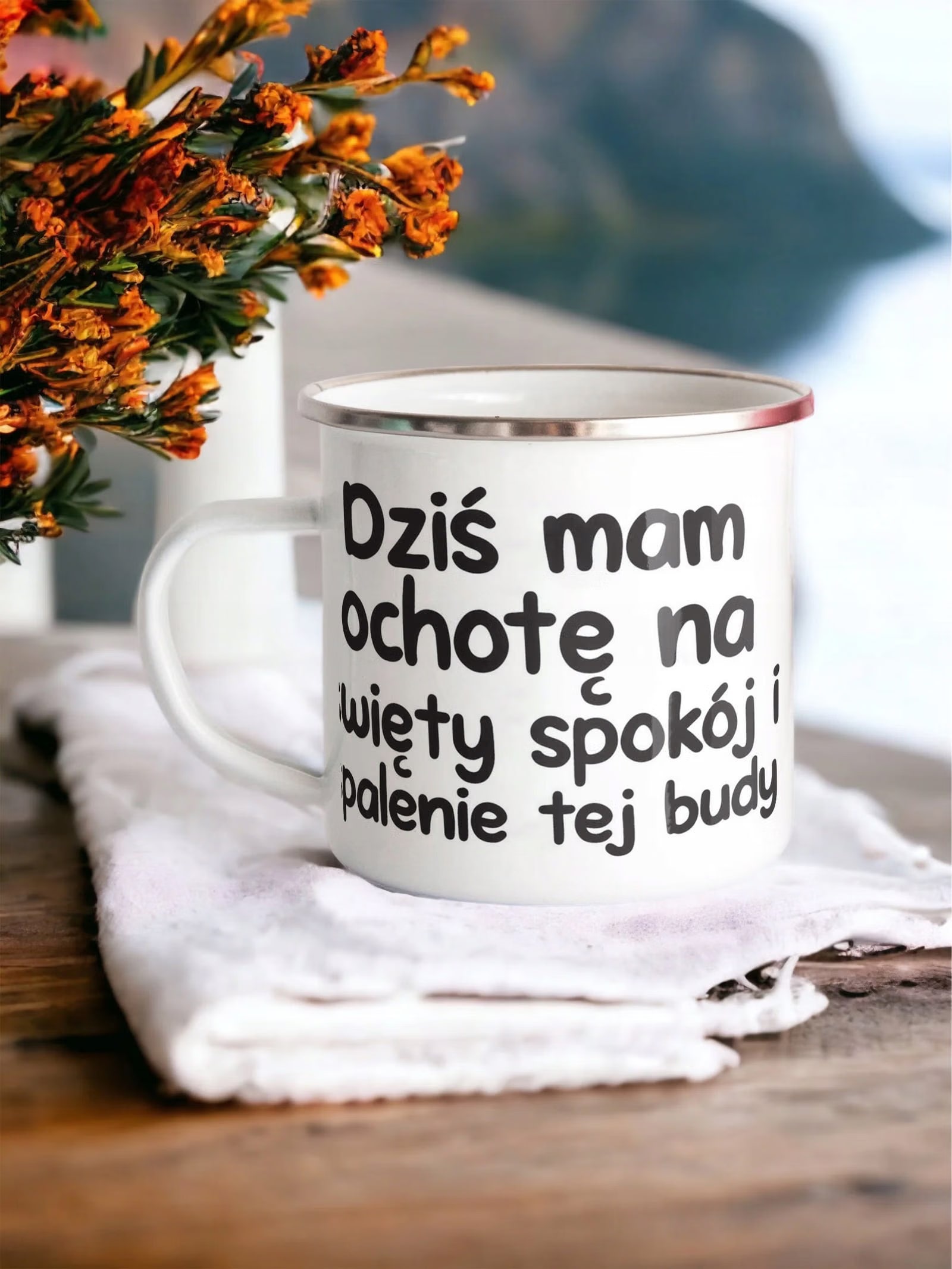 Kubek Emaliowany Dziś Mam Ochotę Zabawny z Nadrukiem Biały Metalowy