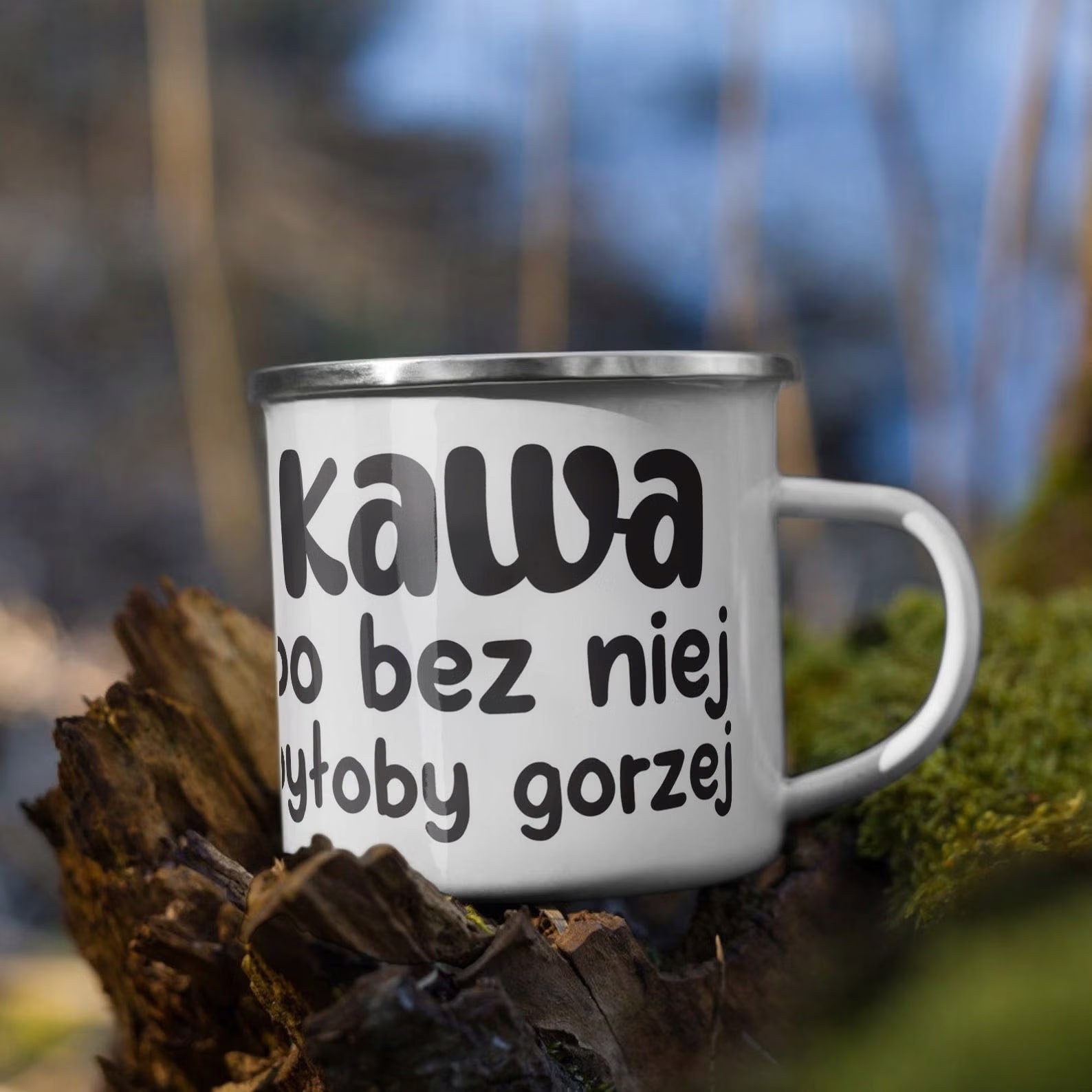 Kubek Emaliowany Kawa Bo Bez Niej Było By Gorzej z Nadrukiem Biały Metalowy