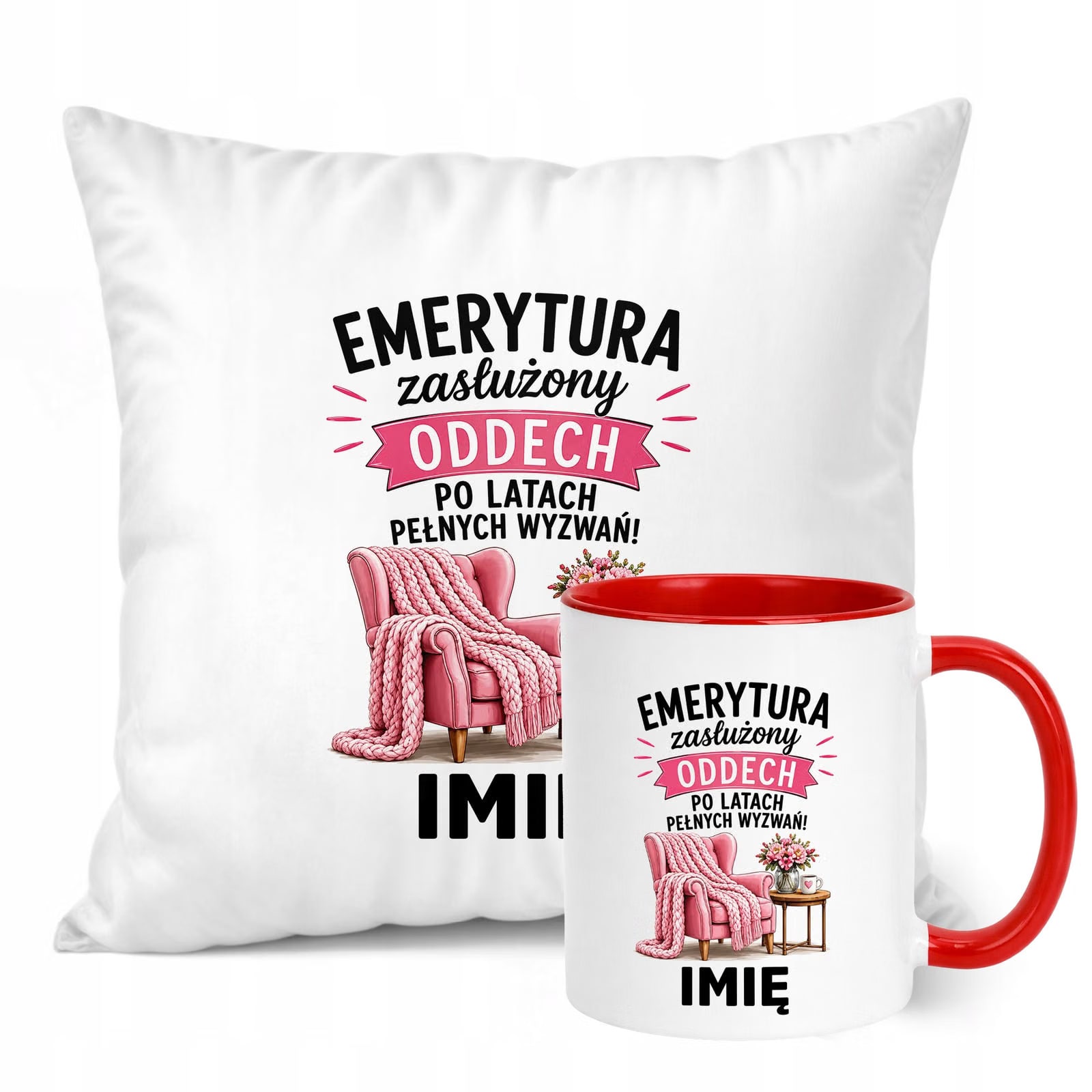 Zestaw Personalizowany Kubek Czerwony Poduszka Emerytura Upominek Prezent