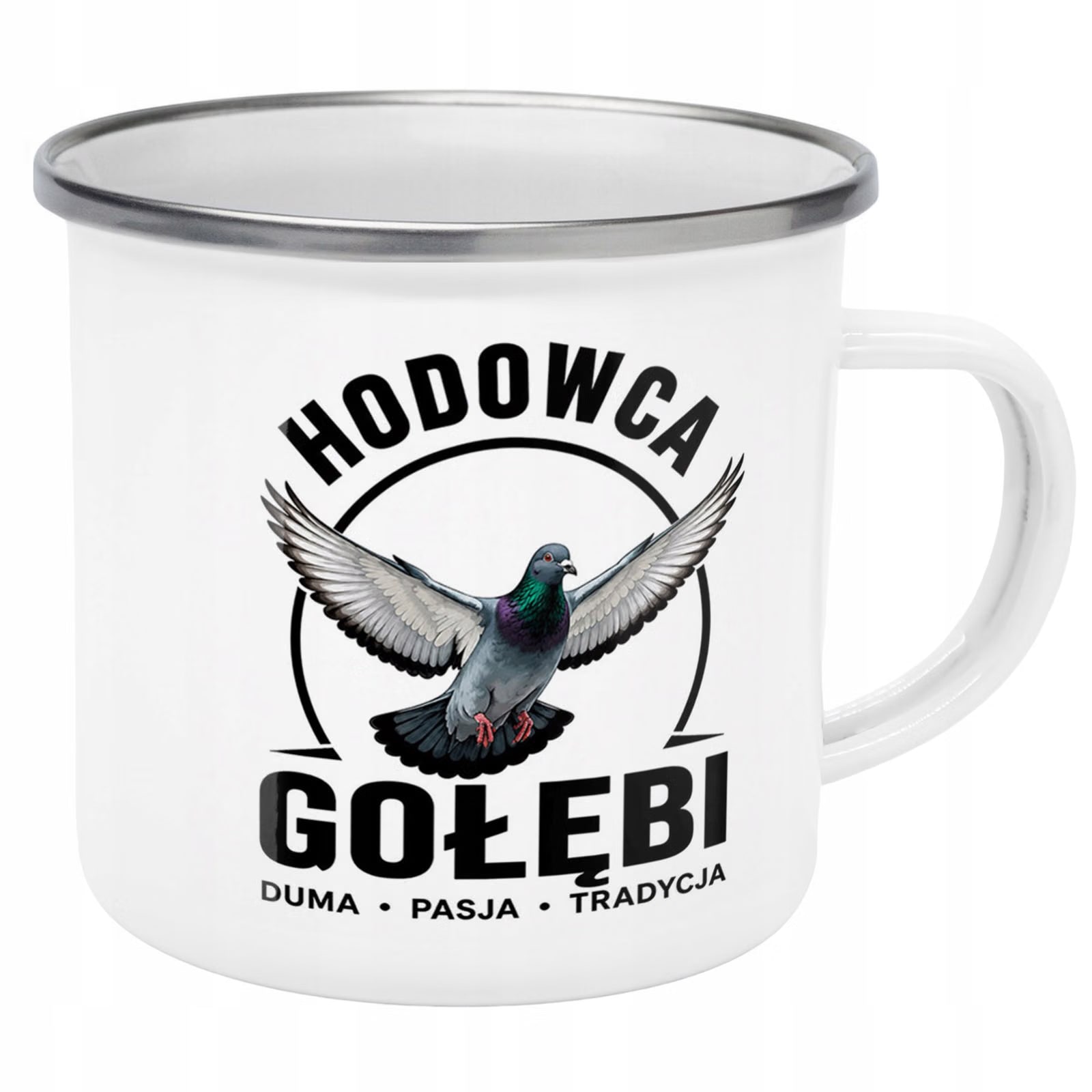 Kubek Emaliowany Dla Hodowcy Gołębi z Nadrukiem Biały Metalowy Prezent