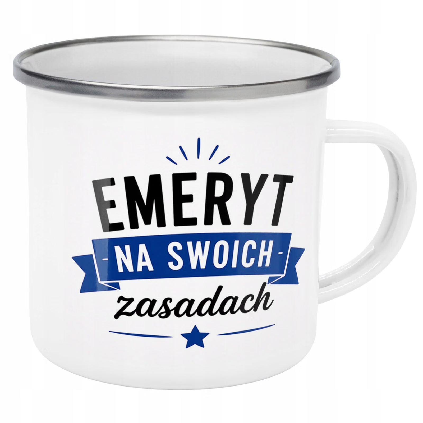 Kubek Emaliowany Emerytura Dla Emeryta z Nadrukiem Biały Metalowy Prezent