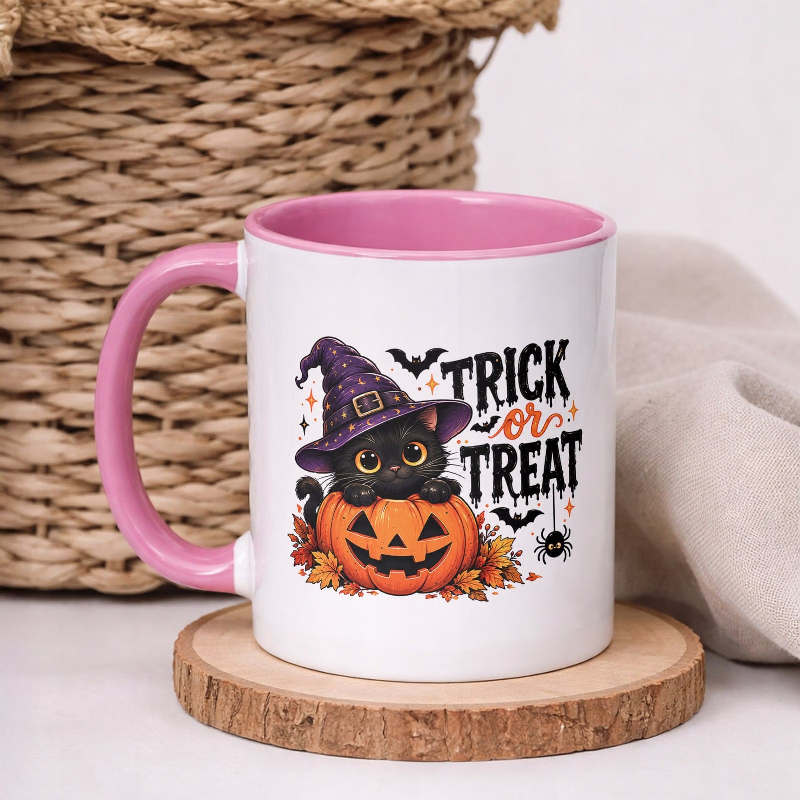 Kubek Różowy z Nadrukiem Halloween Jesień Kot Dynia Prezent Upominek