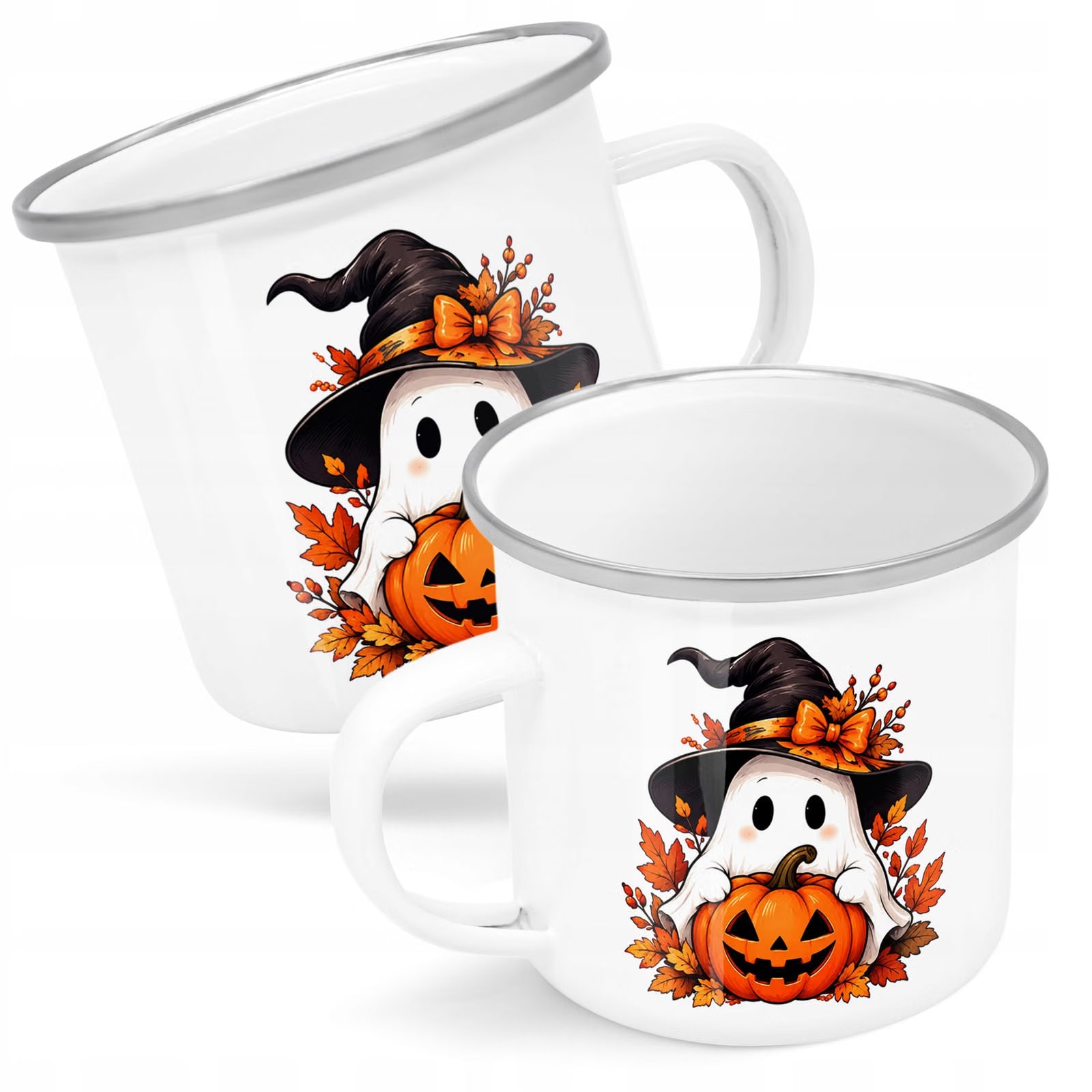 Kubek Emaliowany Halloween Duch Dynia z Nadrukiem Biały Metalowy Prezent