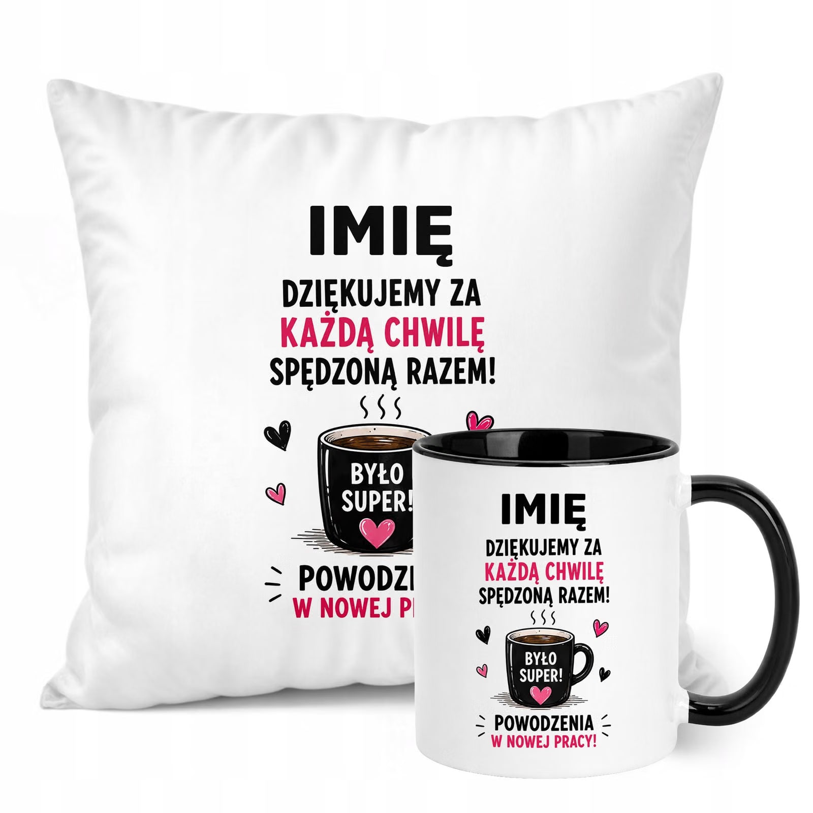 Zestaw Personalizowany Kubek Czarny Poduszka Odejście z Pracy Prezent
