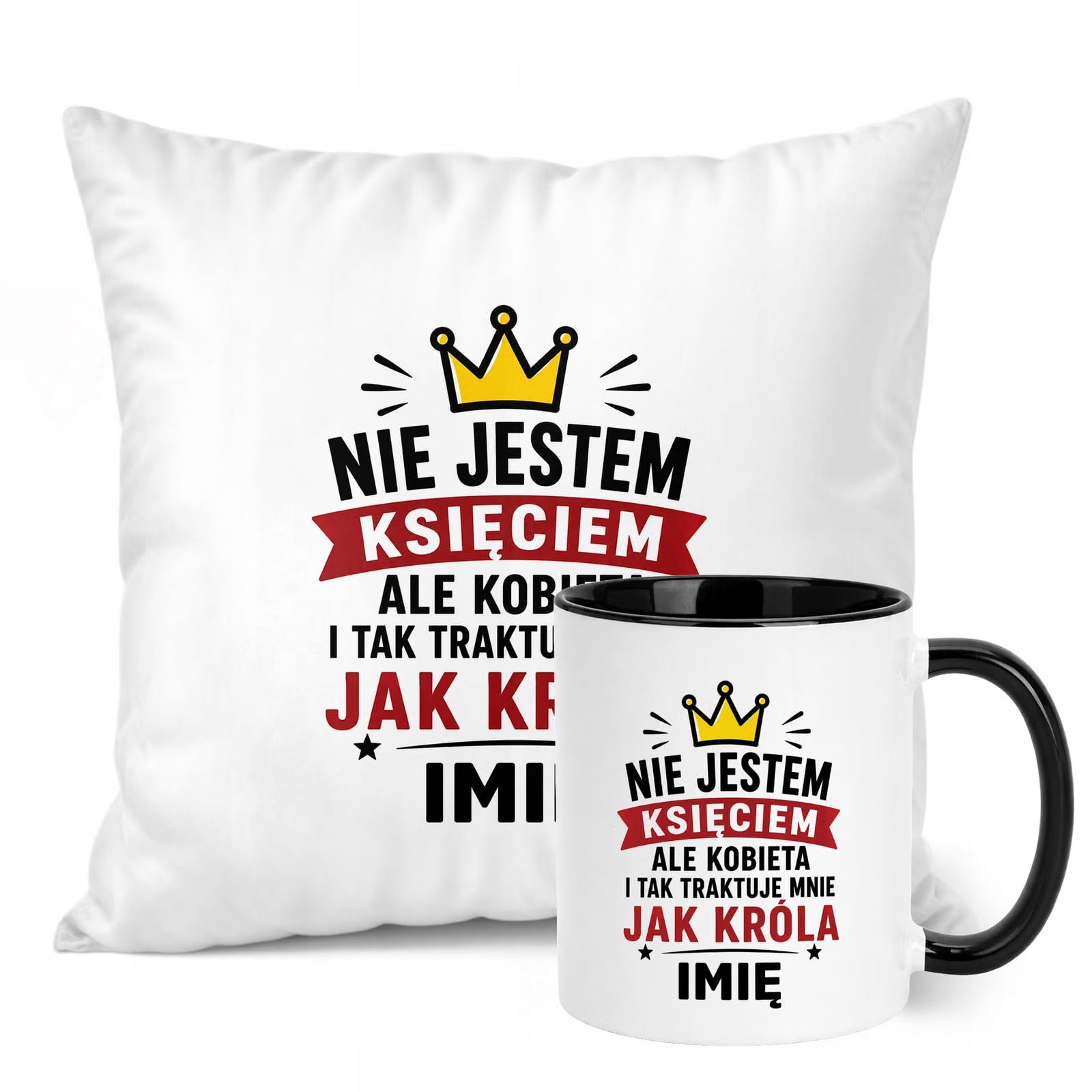 Zestaw Personalizowany Kubek Czarny Poduszka Dzień Chłopaka Z Nadrukiem