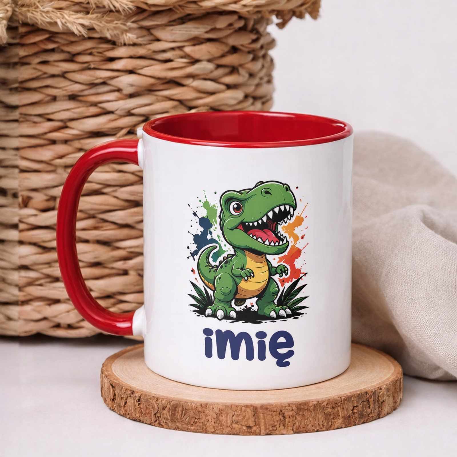 Kubek Czerwony z nadrukiem personalizowany Dinozaur Dla Dzieci Prezent