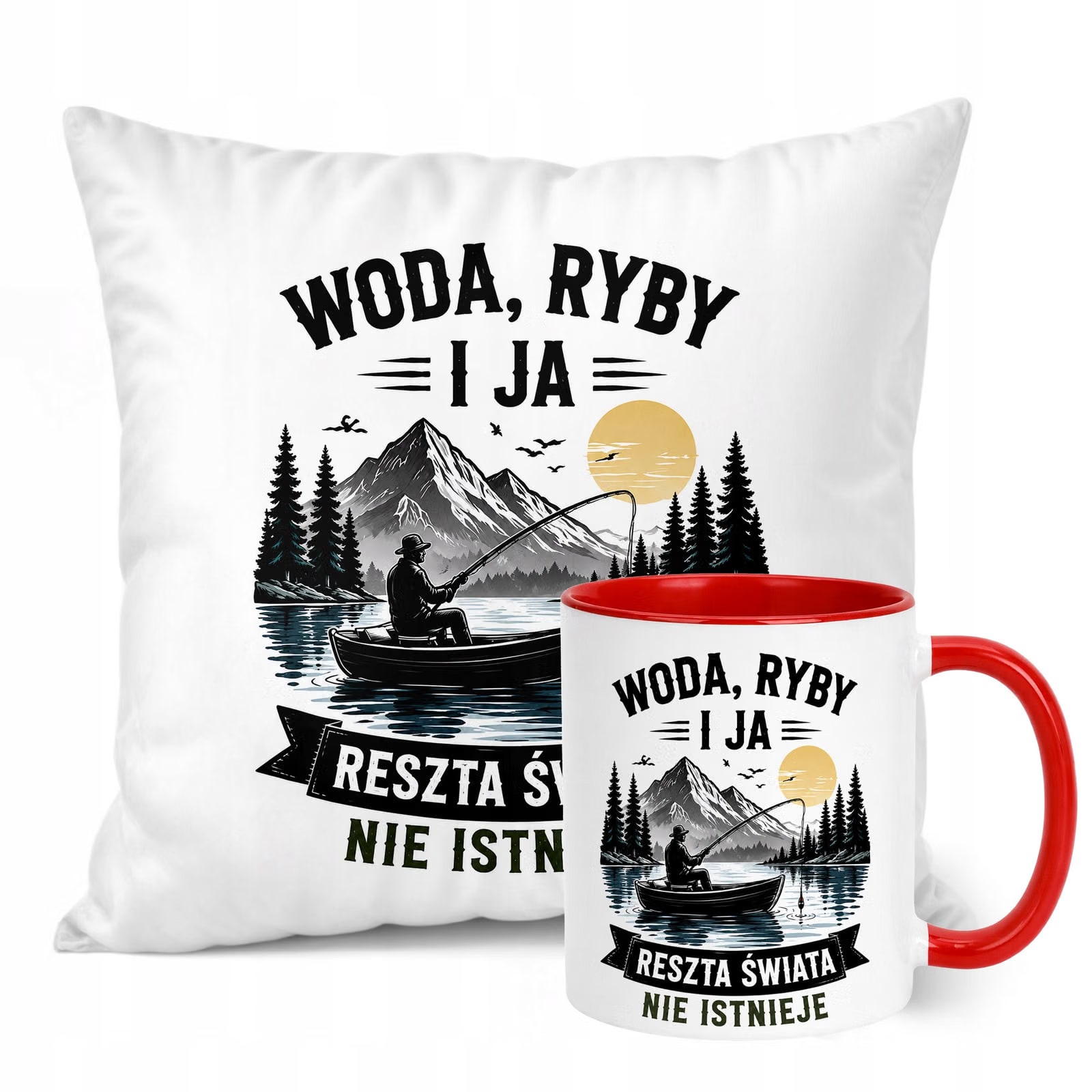 Zestaw Kubek Czerwony Poduszka Z Nadrukiem Dla Wędkarza Prezent