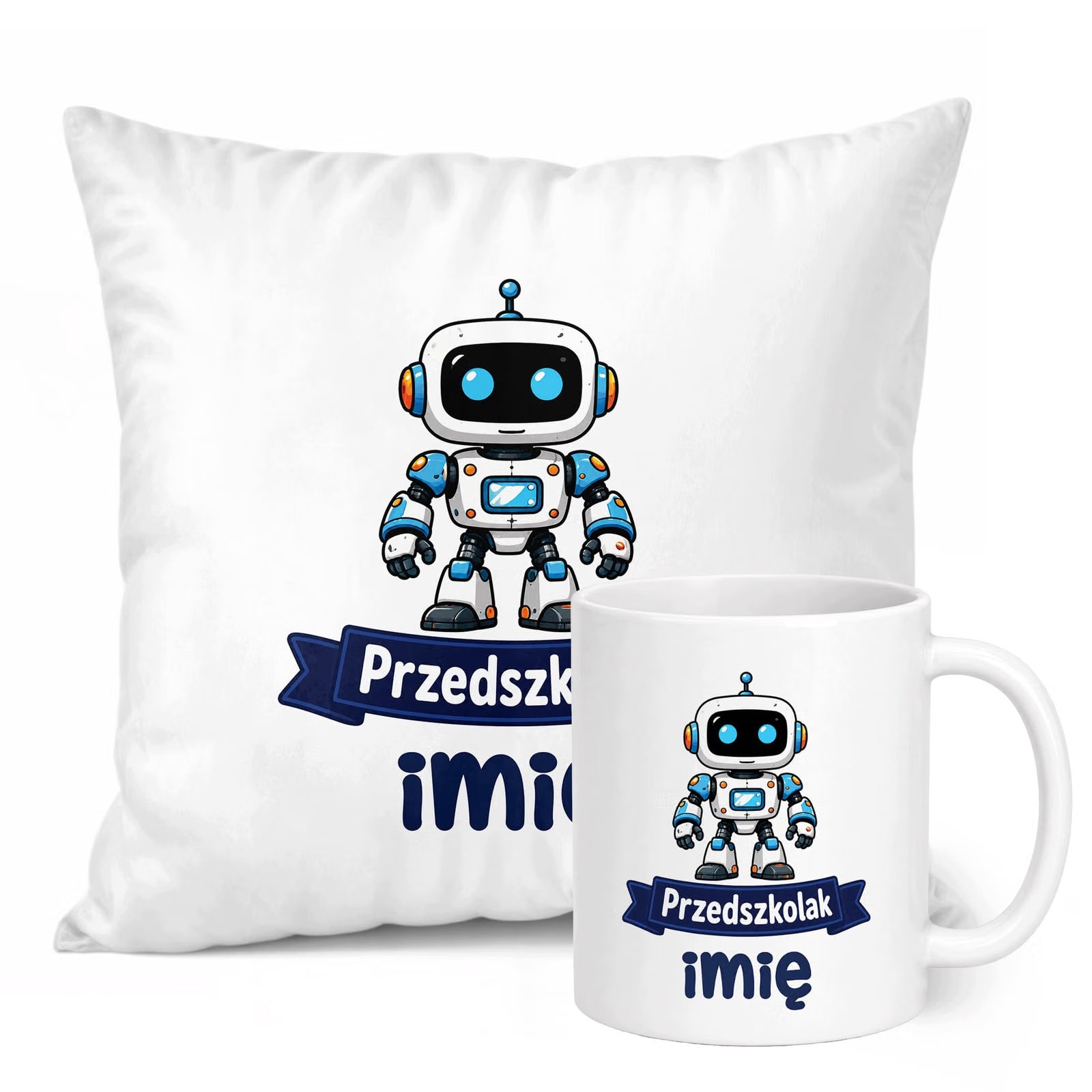 Zestaw Personalizowany Kubek Biały Poduszka Przedszkolak Robot