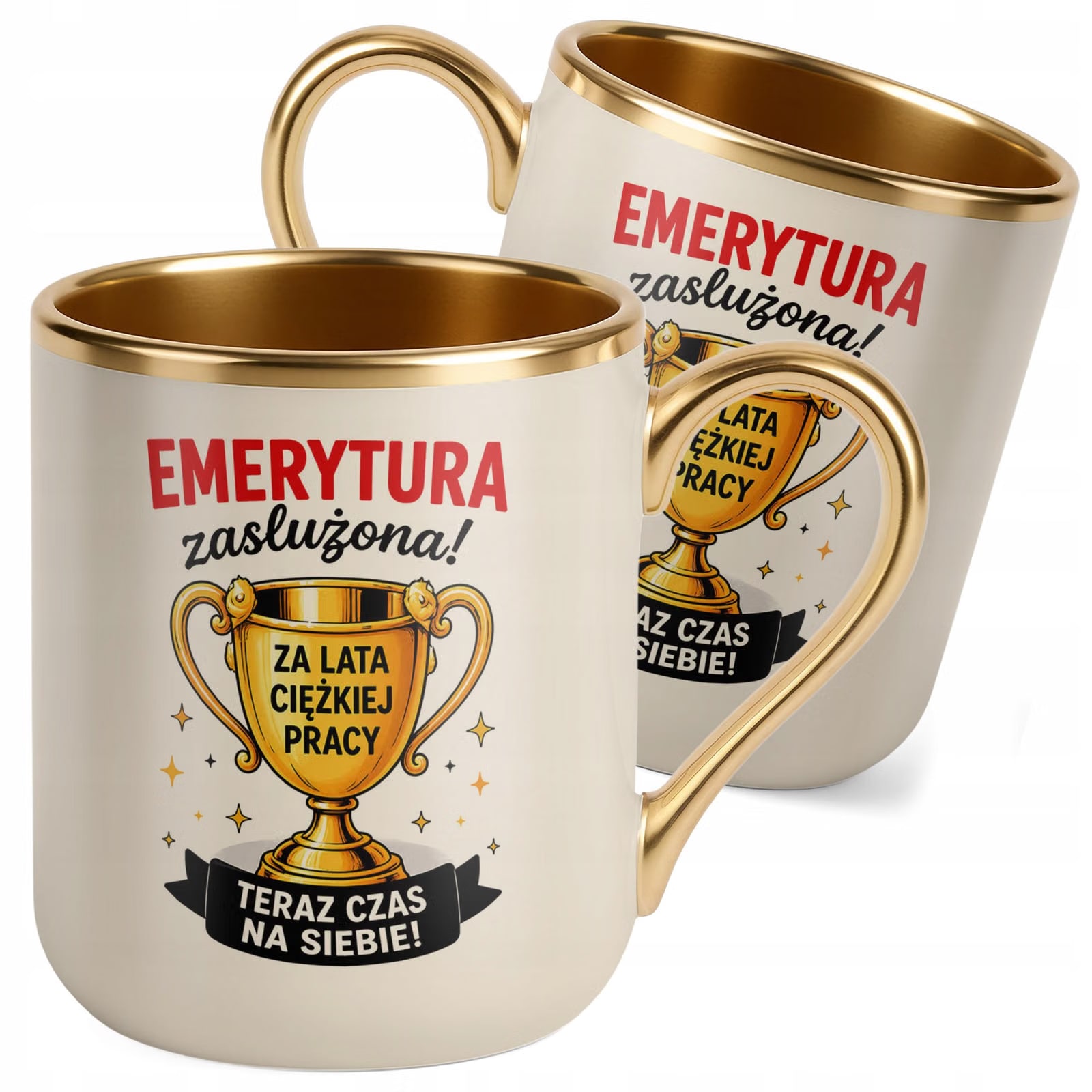 Kubek z nadrukiem Premium Złoty Ecru Emerytura Dla Emeryta Emerytki Prezent