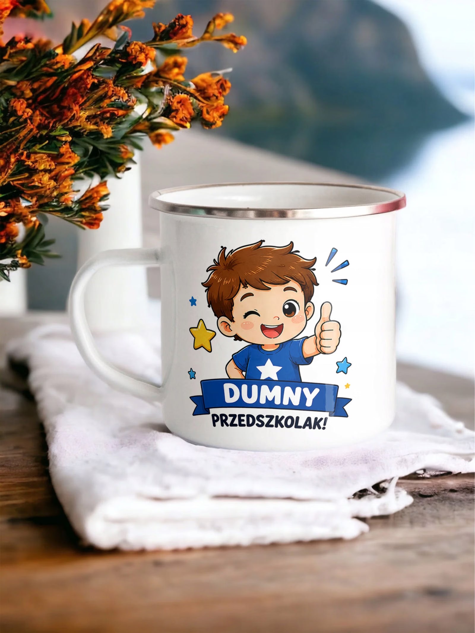 Zestaw Plecak Worek Kubek Emaliowany Z Nadrukiem Przedszkolak Szkoła