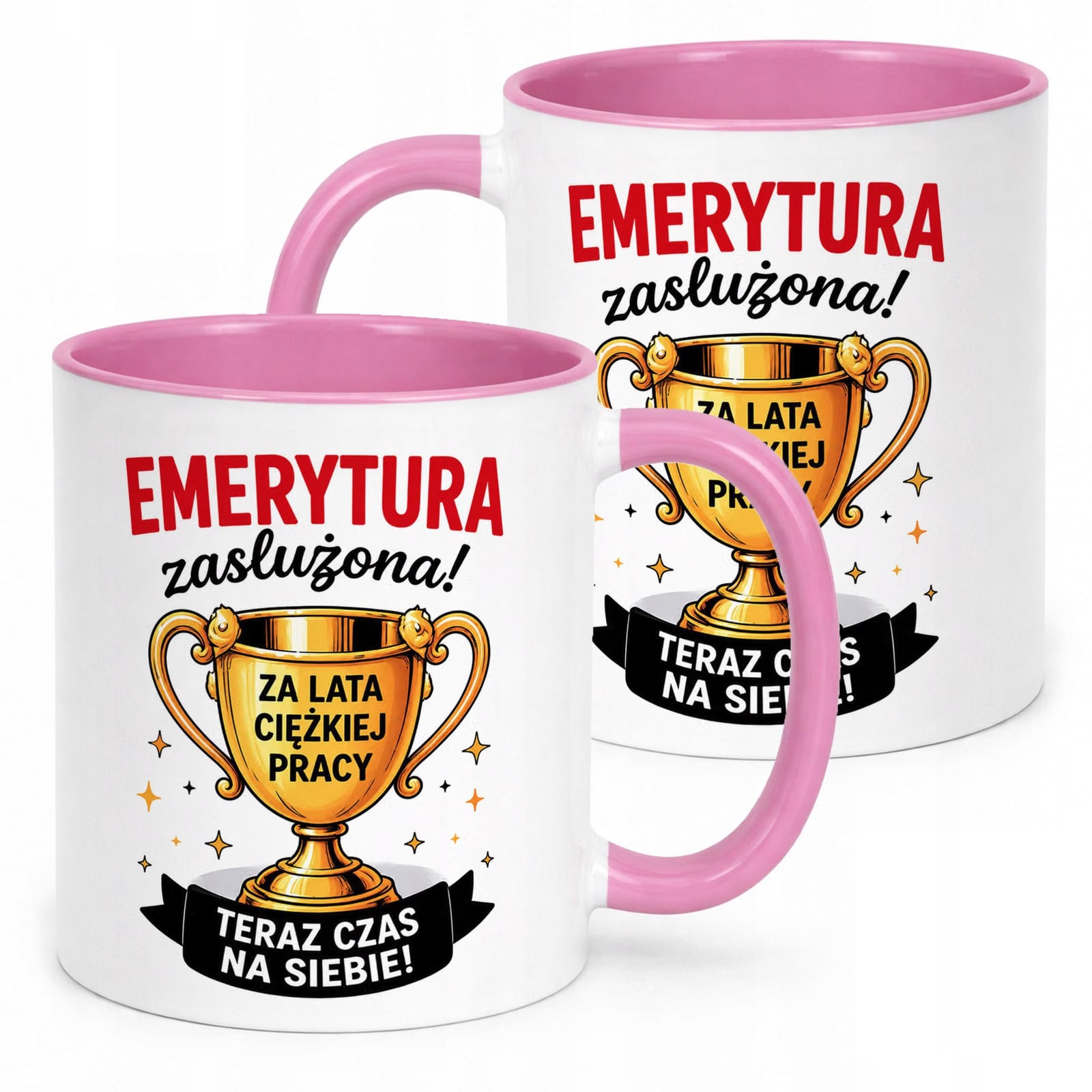 Kubek Różowy z nadrukiem Emerytura Dla Emeryta Emerytki Upominek Prezent