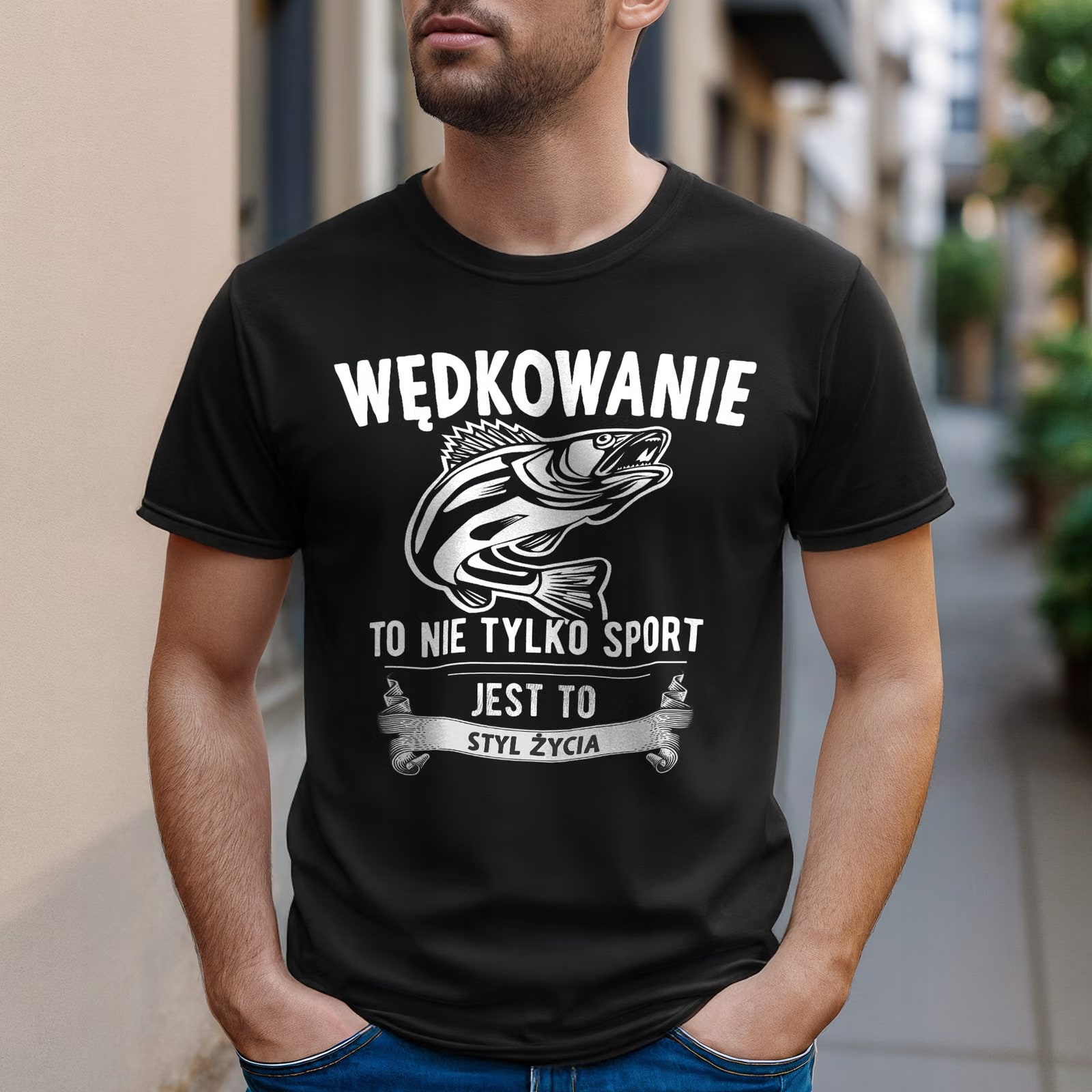 Koszulka czarna męska Dla Wędkarza Wędkowanie Ryby Prezent