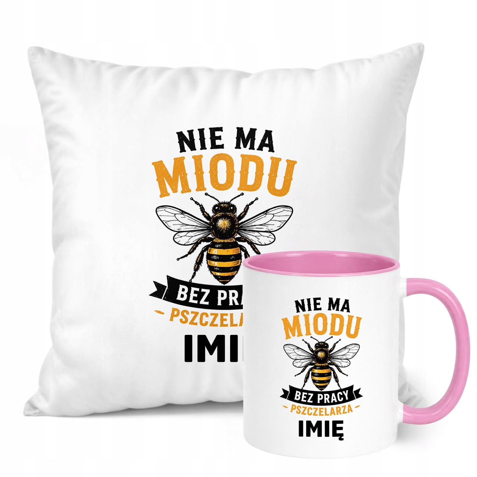 Zestaw Personalizowany Kubek Różowy Poduszka Z Nadrukiem Dla Pszczelarza