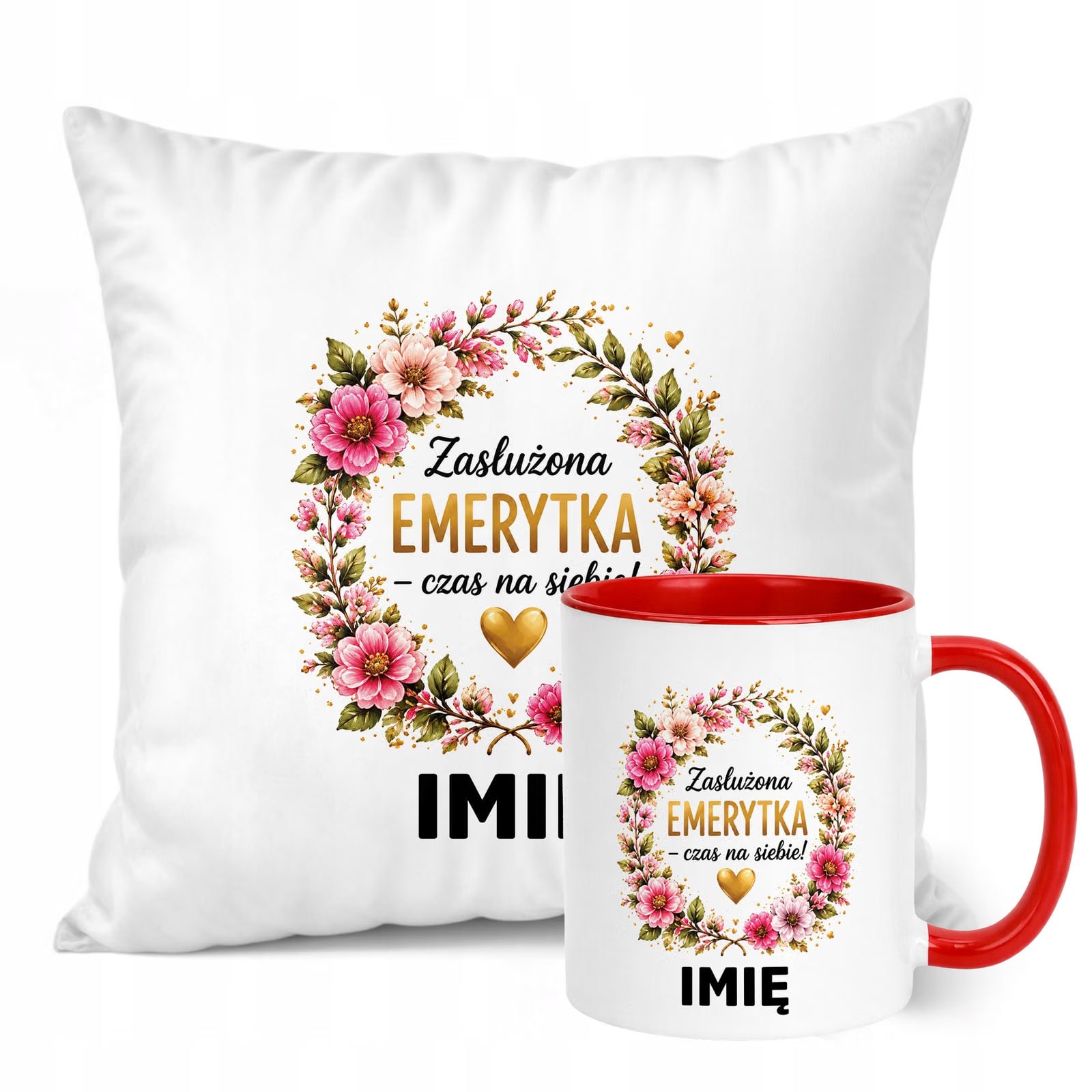 Zestaw Personalizowany Kubek Czerwony Poduszka Emerytura Upominek Prezent