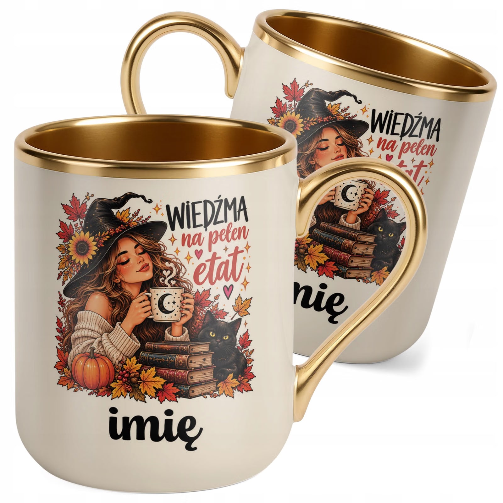 Kubek Personalizowany Premium Złoty Ecru z Nadrukiem Wiedźma