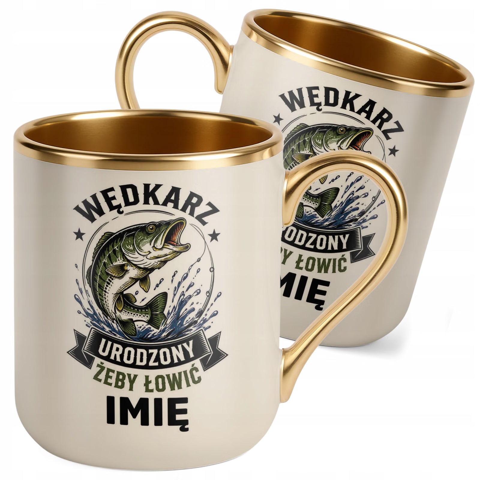 Kubek Personalizowany z nadrukiem Premium Złoty Ecru Dla Wędkarza Prezent