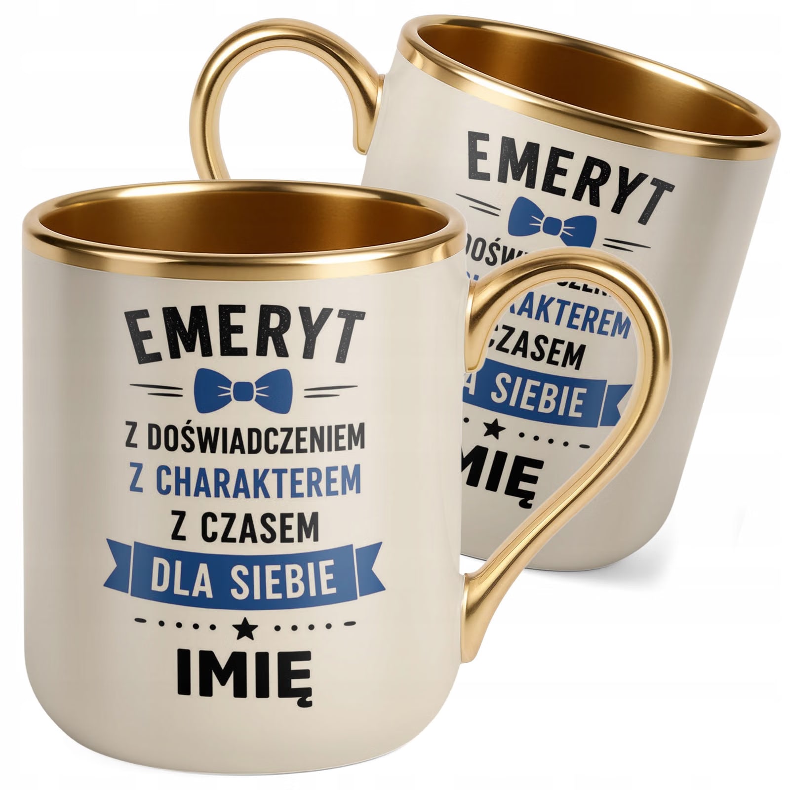 Kubek Personalizowany z nadrukiem Premium Złoty Ecru Emerytura Prezent