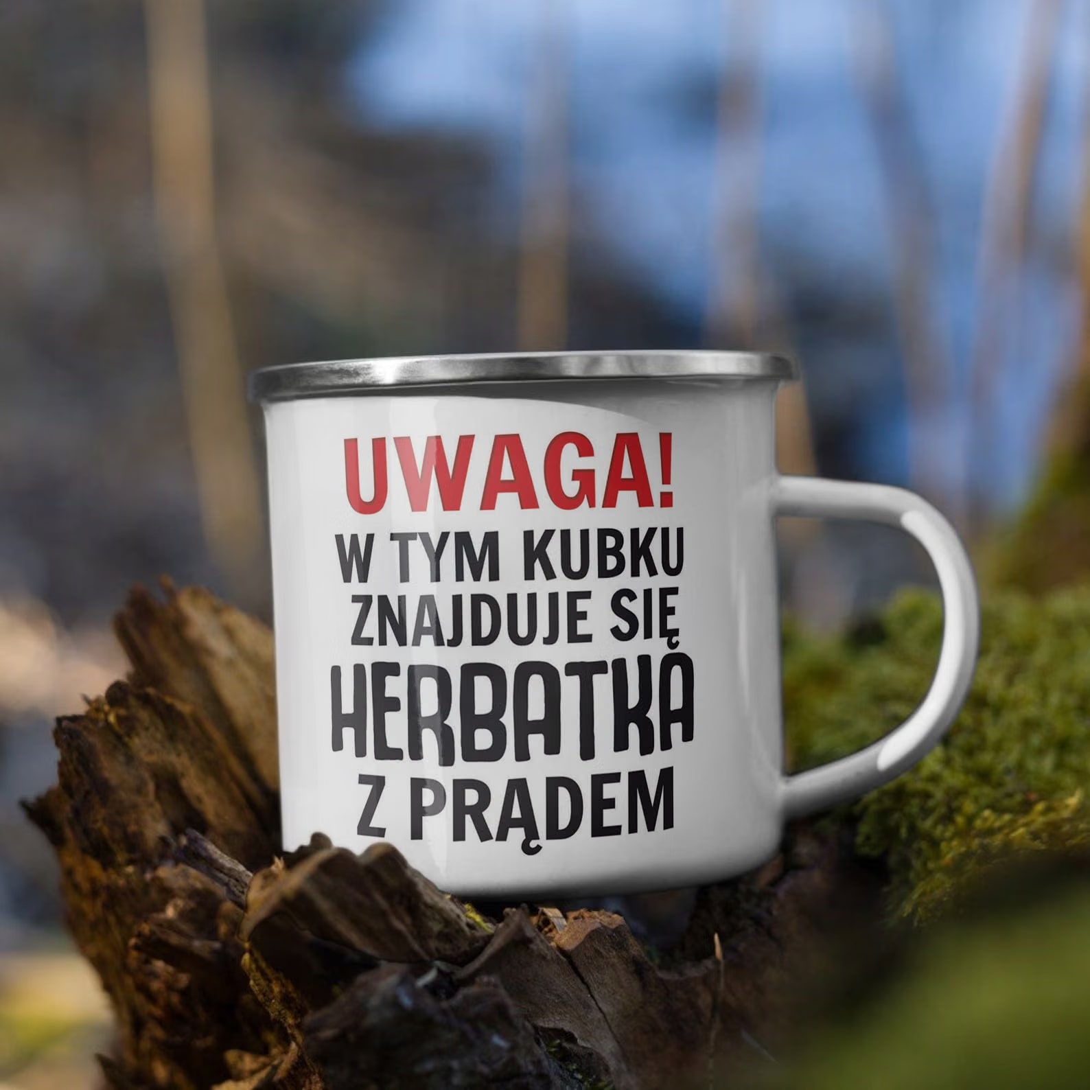 Kubek Emaliowany Uwaga Herbata Z Prądem Zabawny z Nadrukiem Biały Metalowy