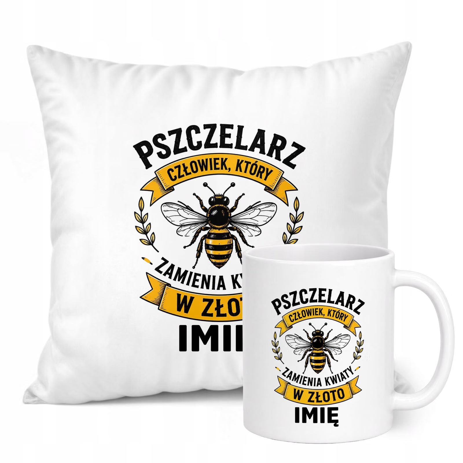 Zestaw Personalizowany Kubek Biały Poduszka Z Nadrukiem Dla Pszczelarza