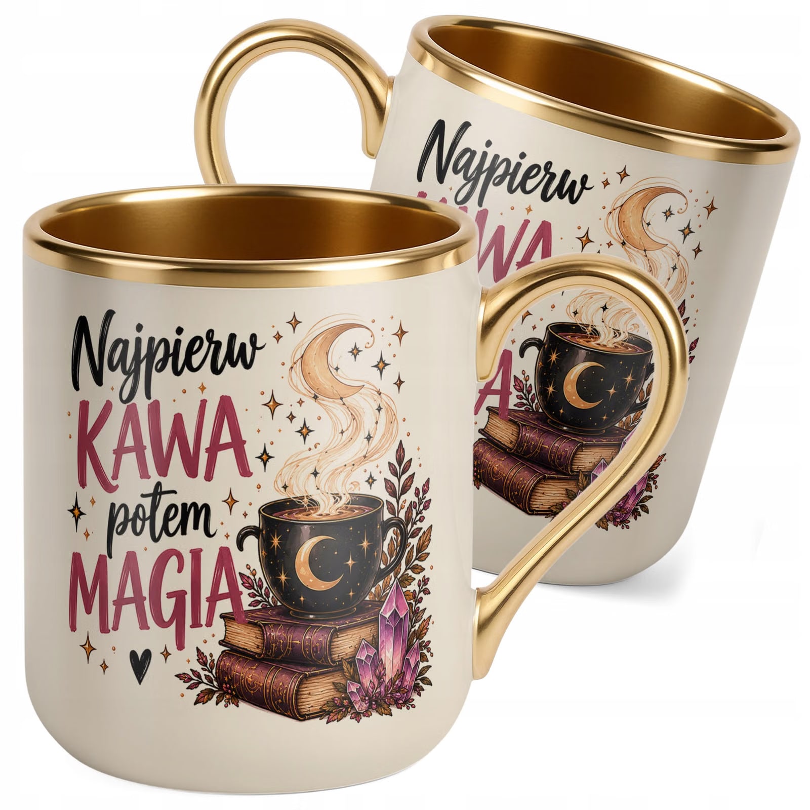 Kubek Premium Złoty Ecru z Nadrukiem Kobieta Wiedźma Prezent