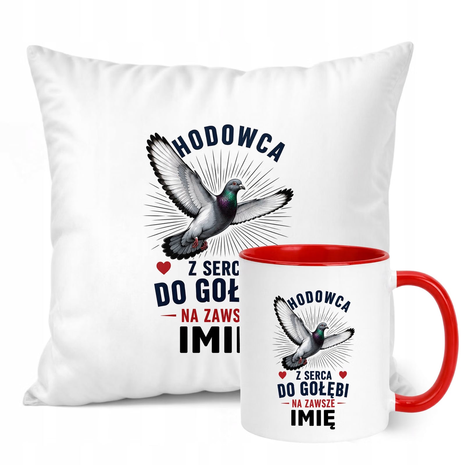 Zestaw Personalizowany Kubek Czerwony Poduszka Z Nadrukiem Dla Gołębiarza