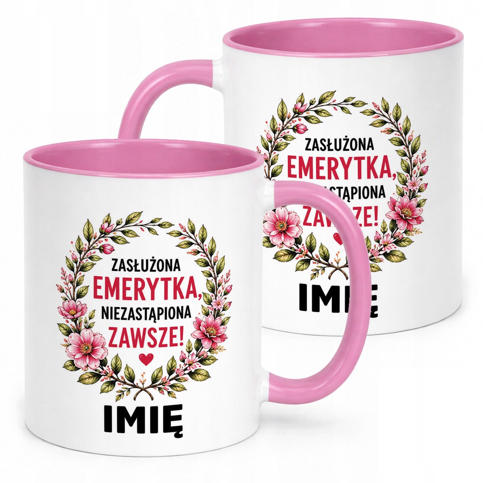 Kubek Różowy Personalizowany z Nadrukiem Emerytura Dla Emerytki Prezent